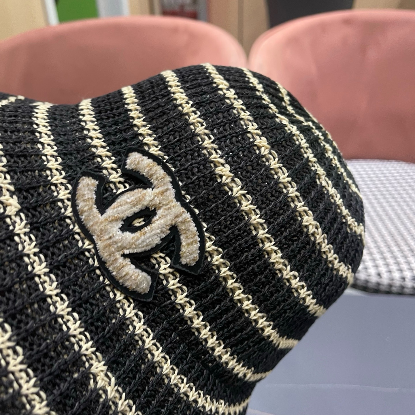 CHANEL香奈儿 日系条纹渔夫帽女春夏透气遮阳水桶帽时尚针织盆帽文艺防晒太阳帽