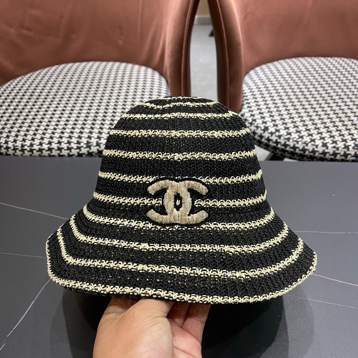 CHANEL香奈儿 日系条纹渔夫帽女春夏透气遮阳水桶帽时尚针织盆帽文艺防晒太阳帽