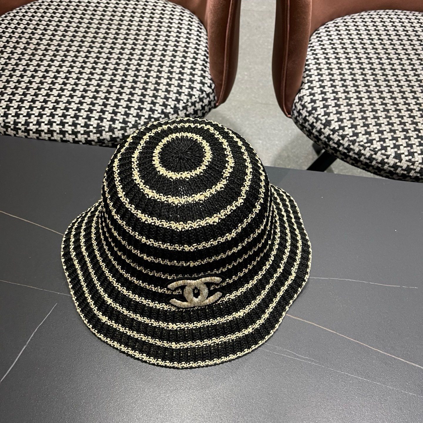 CHANEL香奈儿 日系条纹渔夫帽女春夏透气遮阳水桶帽时尚针织盆帽文艺防晒太阳帽