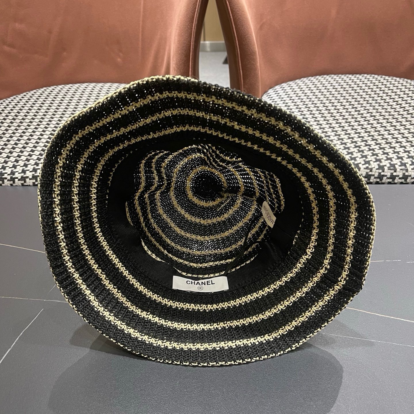 CHANEL香奈儿 日系条纹渔夫帽女春夏透气遮阳水桶帽时尚针织盆帽文艺防晒太阳帽