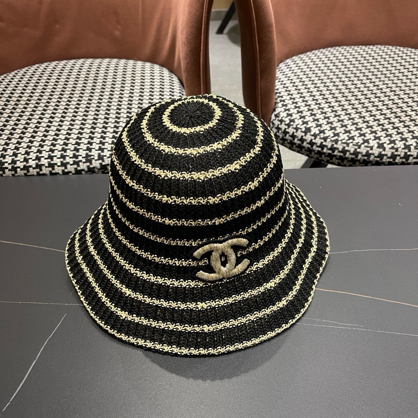 CHANEL香奈儿 日系条纹渔夫帽女春夏透气遮阳水桶帽时尚针织盆帽文艺防晒太阳帽