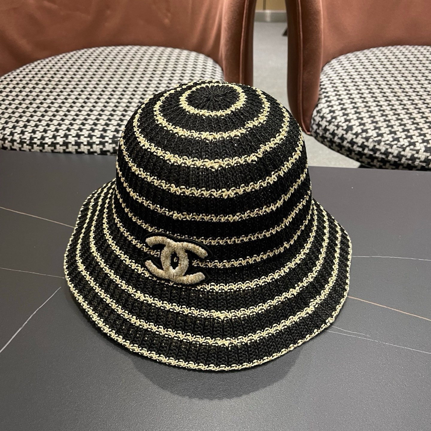 CHANEL香奈儿 日系条纹渔夫帽女春夏透气遮阳水桶帽时尚针织盆帽文艺防晒太阳帽