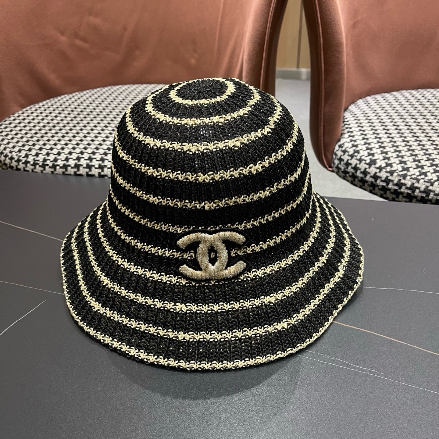 CHANEL香奈儿 日系条纹渔夫帽女春夏透气遮阳水桶帽时尚针织盆帽文艺防晒太阳帽