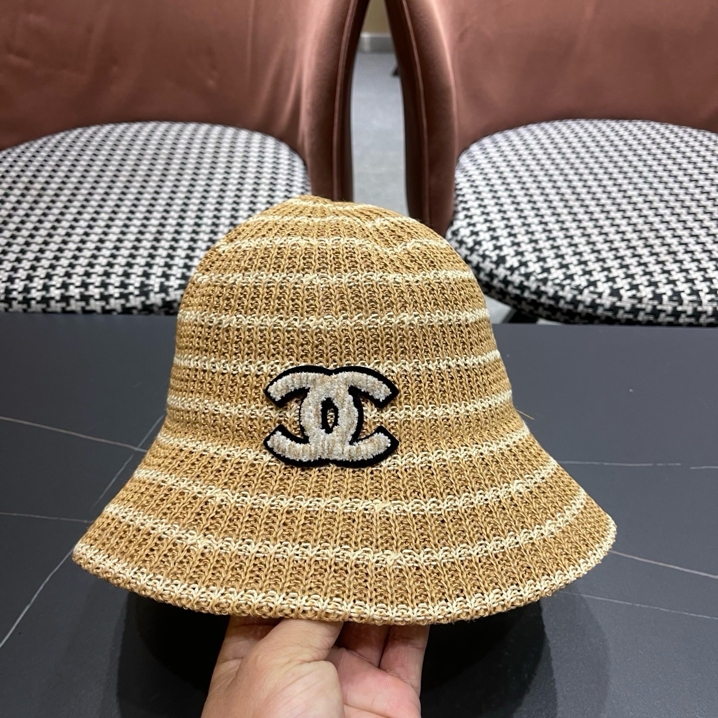 CHANEL香奈儿 日系条纹渔夫帽女春夏透气遮阳水桶帽时尚针织盆帽文艺防晒太阳帽
