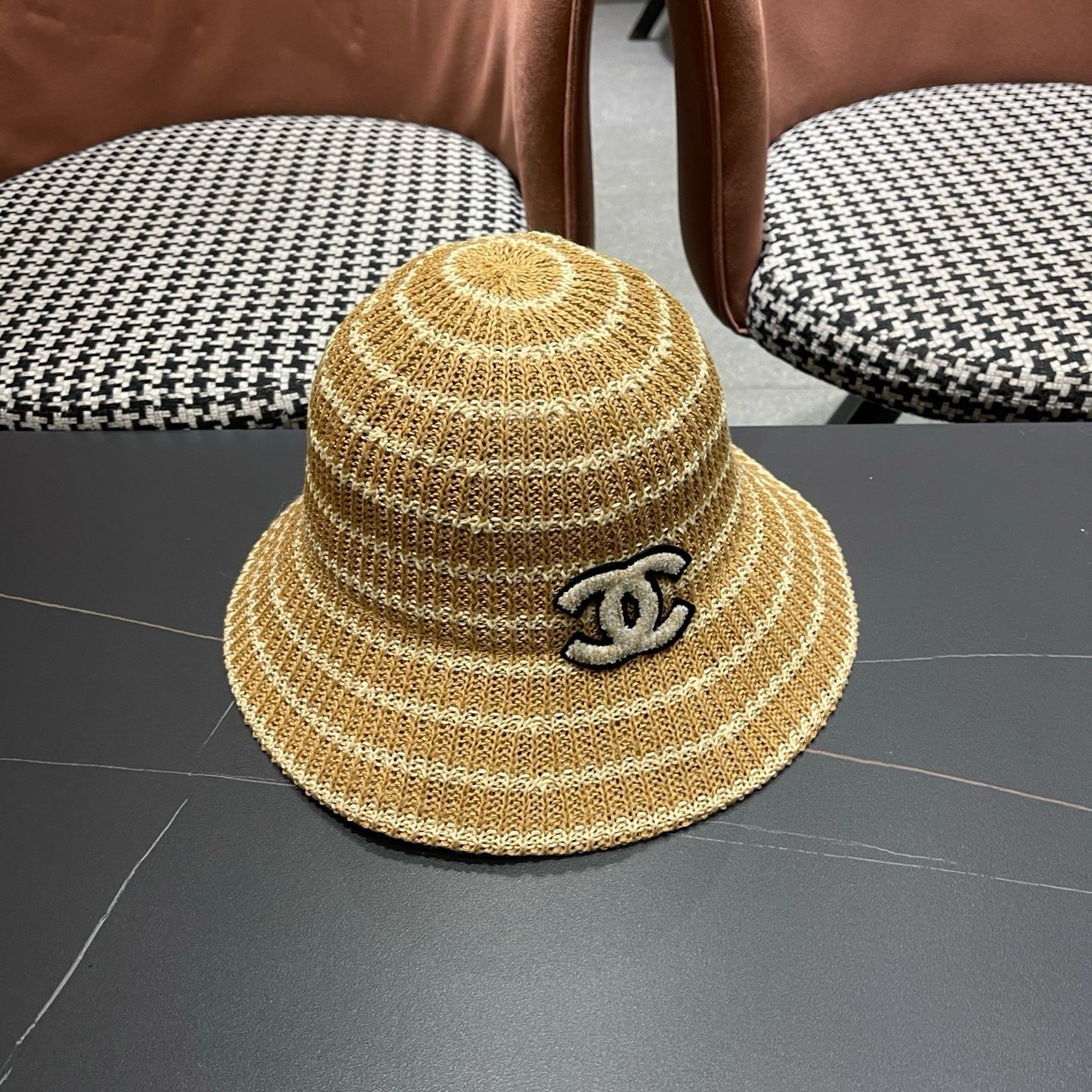 CHANEL香奈儿 日系条纹渔夫帽女春夏透气遮阳水桶帽时尚针织盆帽文艺防晒太阳帽