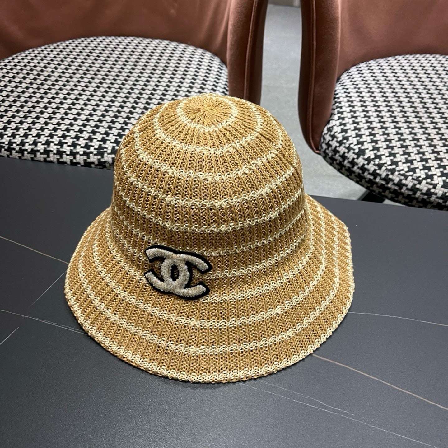 CHANEL香奈儿 日系条纹渔夫帽女春夏透气遮阳水桶帽时尚针织盆帽文艺防晒太阳帽