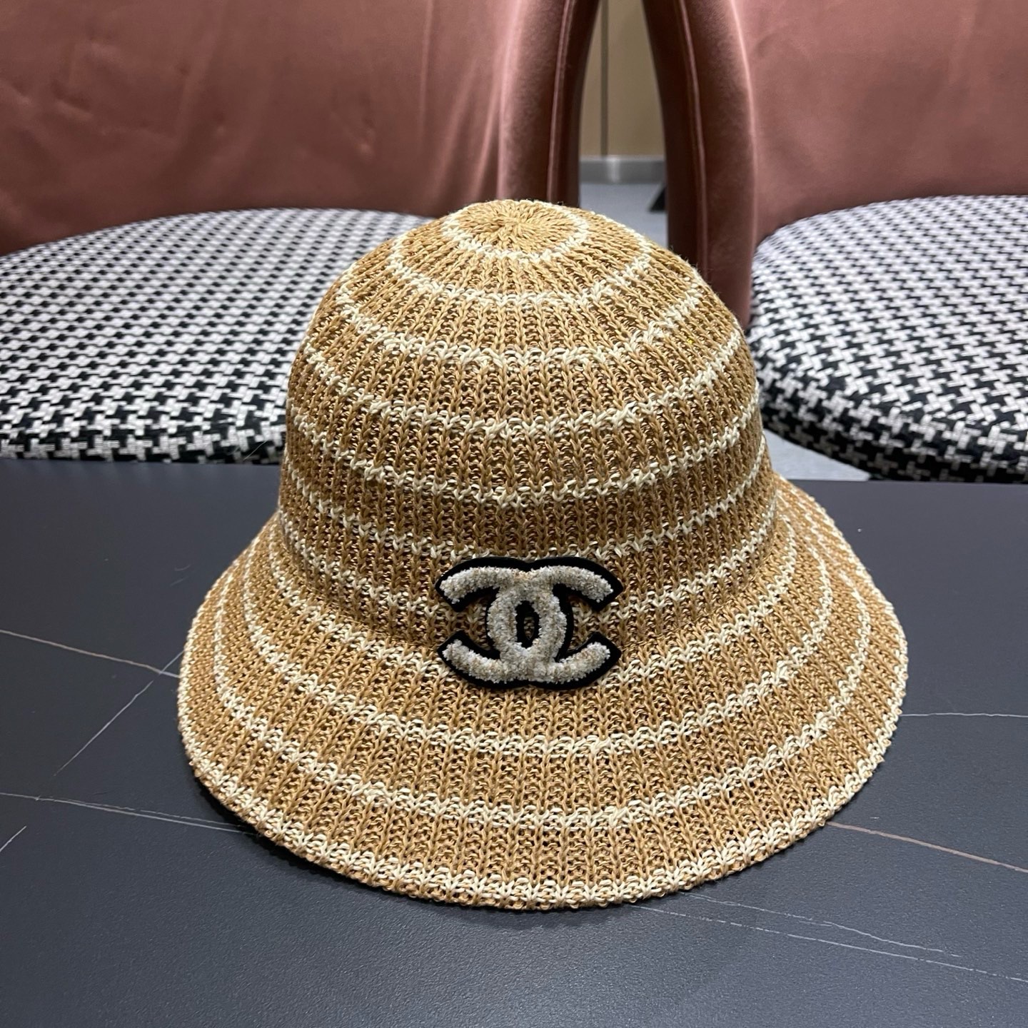 CHANEL香奈儿 日系条纹渔夫帽女春夏透气遮阳水桶帽时尚针织盆帽文艺防晒太阳帽