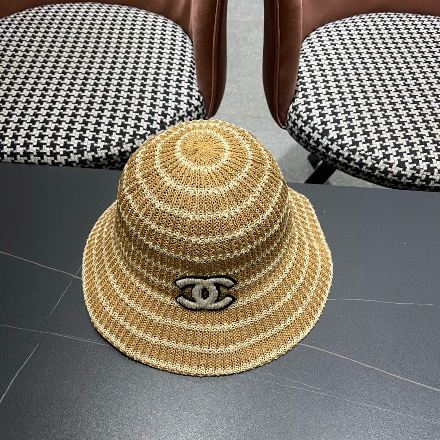 CHANEL香奈儿 日系条纹渔夫帽女春夏透气遮阳水桶帽时尚针织盆帽文艺防晒太阳帽
