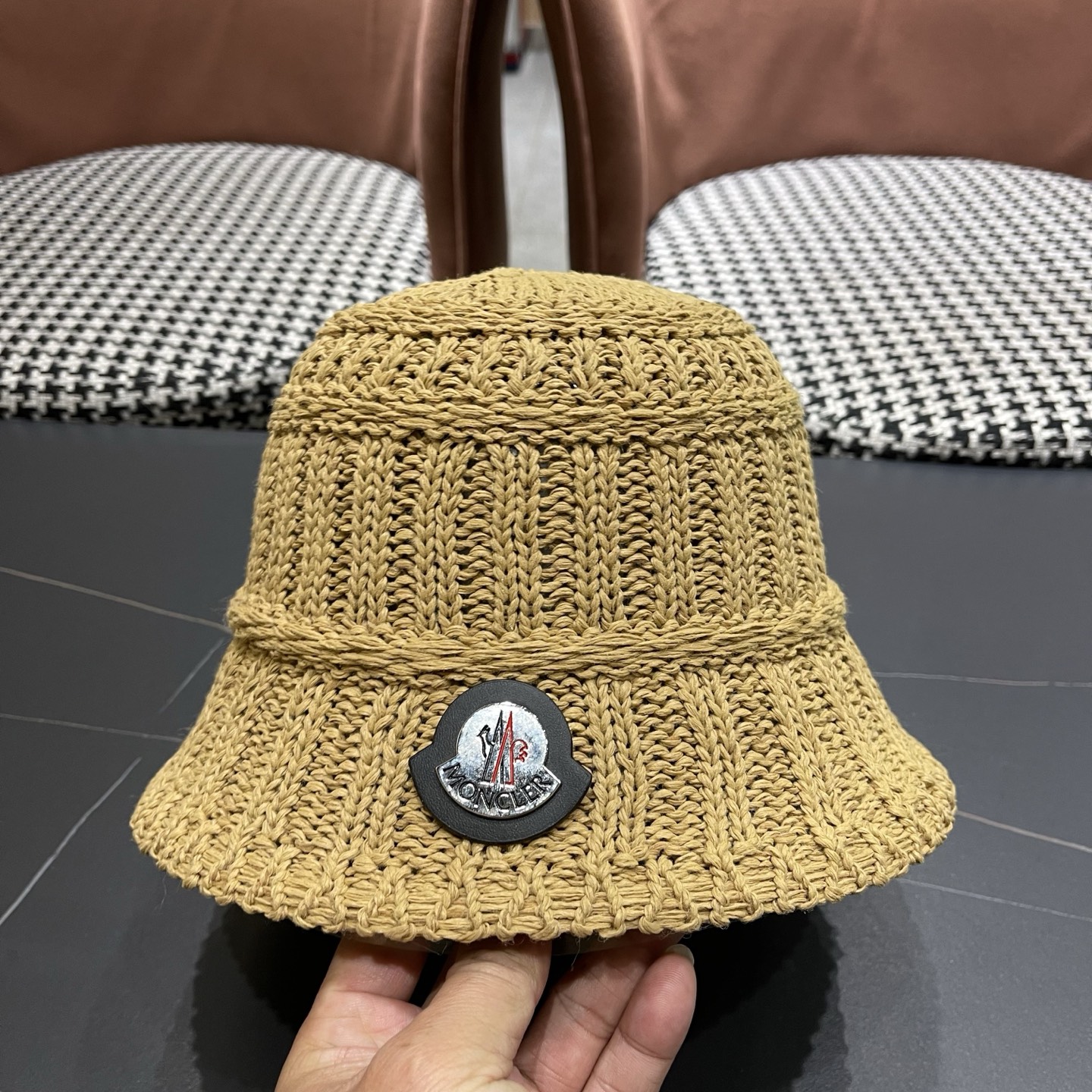 MONCLER（蒙口）夏日小清新草编渔夫帽女韩系镂空编织草帽海边遮阳水桶防晒帽子