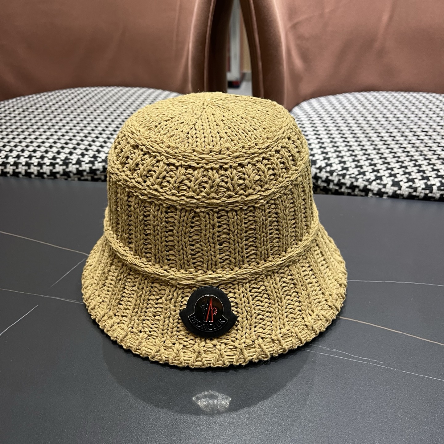 MONCLER（蒙口）夏日小清新草编渔夫帽女韩系镂空编织草帽海边遮阳水桶防晒帽子