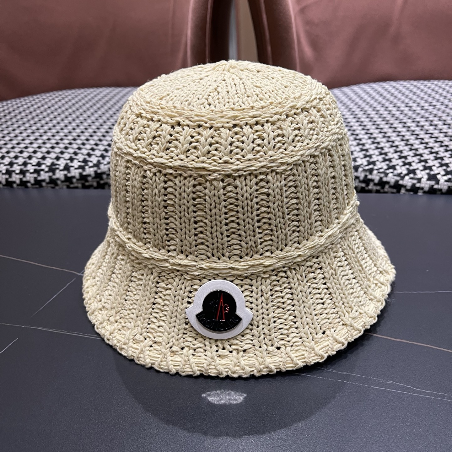 MONCLER（蒙口）夏日小清新草编渔夫帽女韩系镂空编织草帽海边遮阳水桶防晒帽子