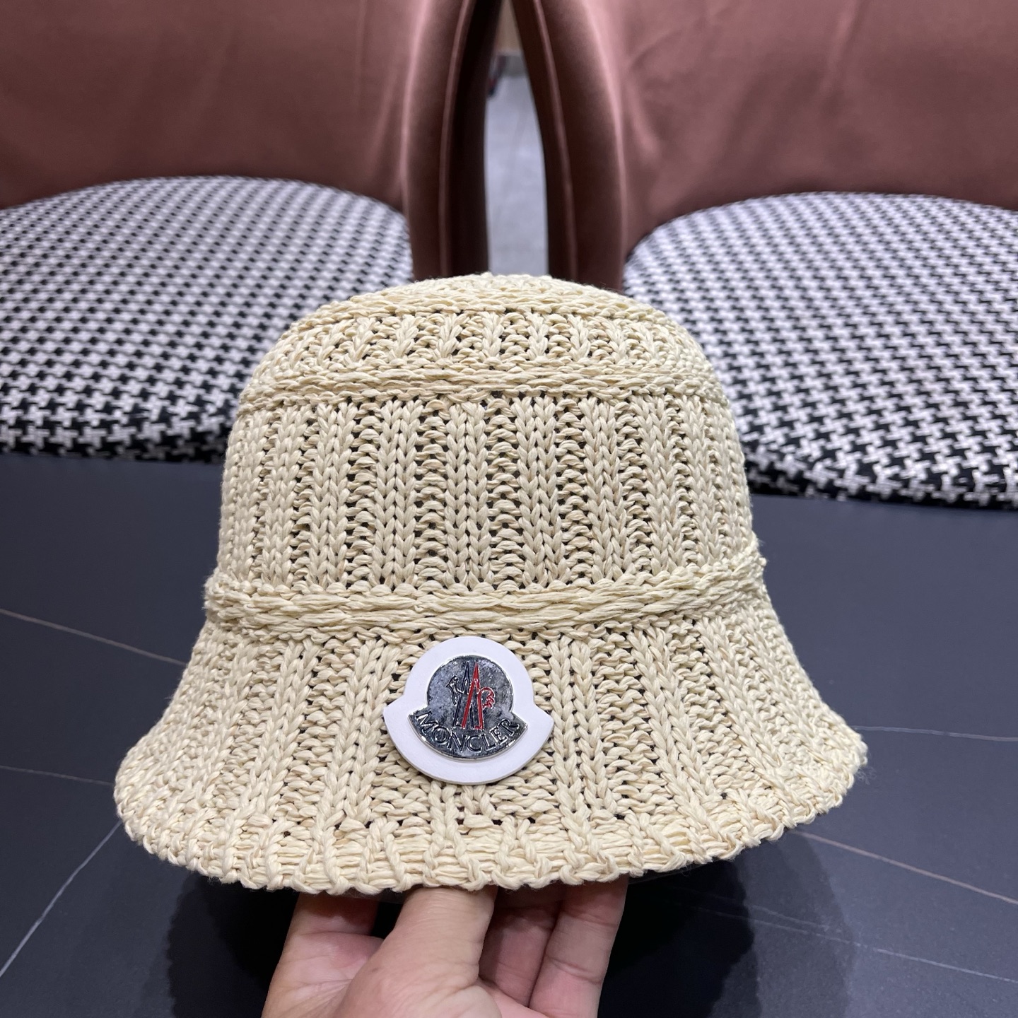MONCLER（蒙口）夏日小清新草编渔夫帽女韩系镂空编织草帽海边遮阳水桶防晒帽子