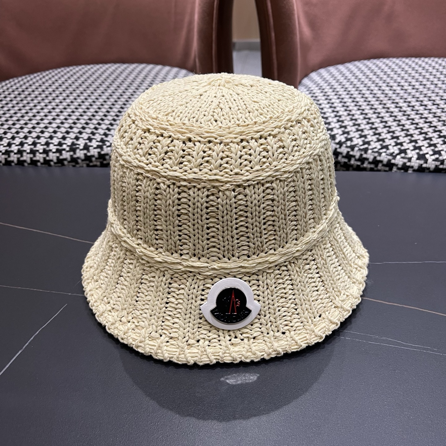 MONCLER（蒙口）夏日小清新草编渔夫帽女韩系镂空编织草帽海边遮阳水桶防晒帽子