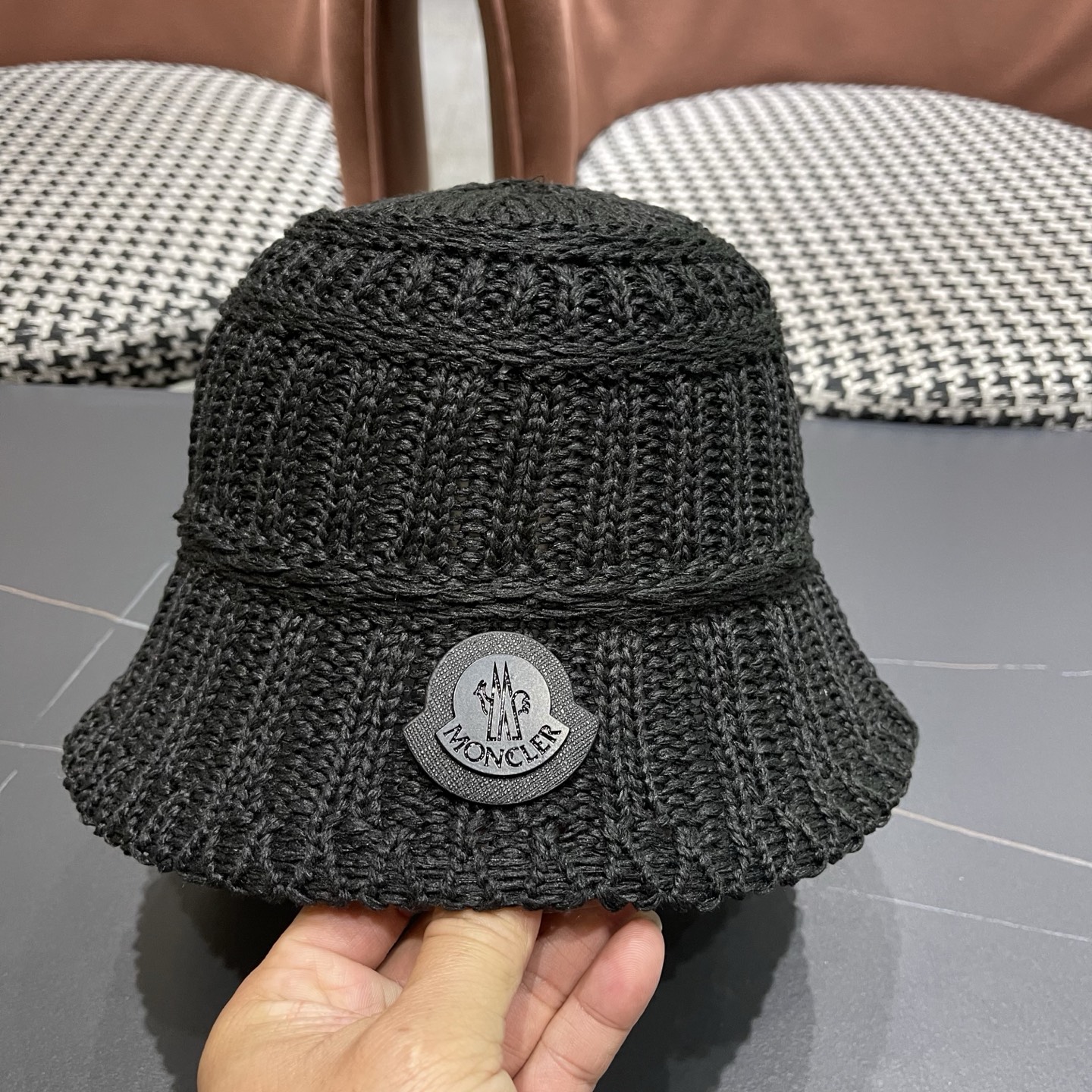 MONCLER（蒙口）夏日小清新草编渔夫帽女韩系镂空编织草帽海边遮阳水桶防晒帽子