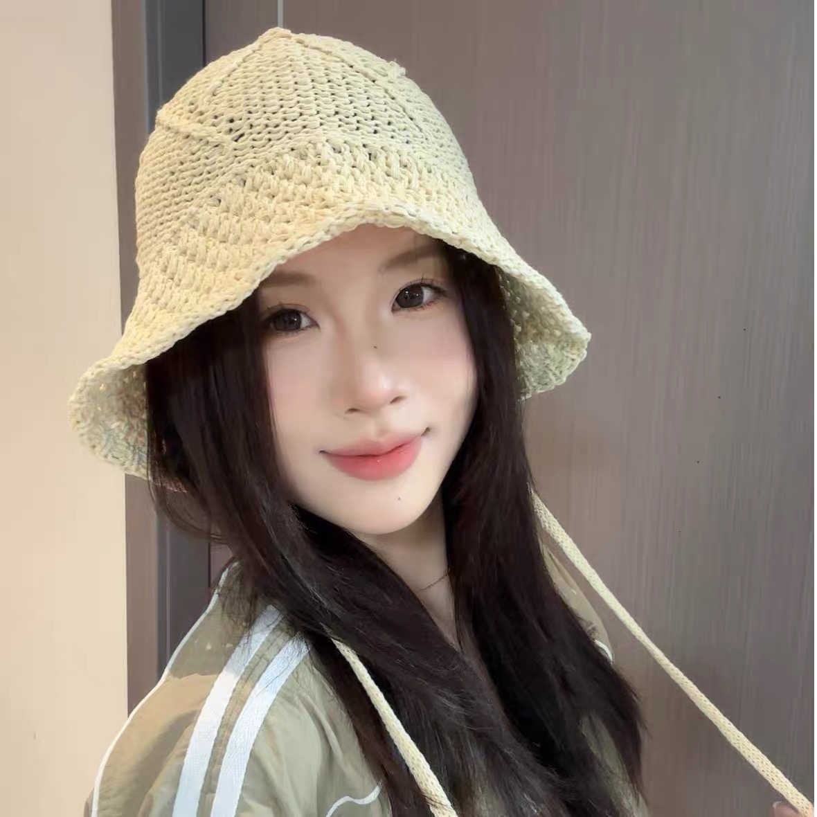 PRADA普拉达 后开叉韩国针织镂空系带渔夫帽 女春夏遮阳防晒海边沙滩太阳帽潮