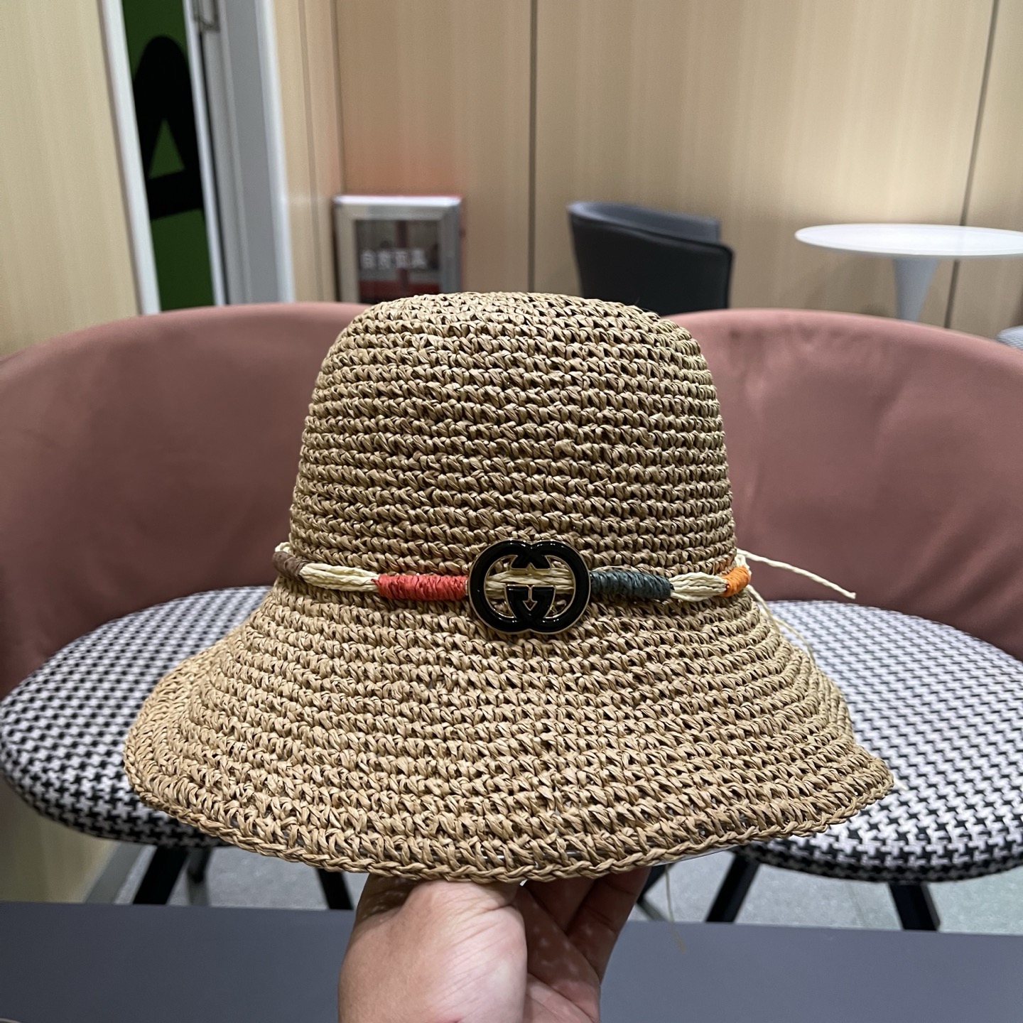 GUCCI古奇 草帽女夏天遮阳帽防晒大帽檐日系小清新简约太阳渔夫帽海边沙滩帽