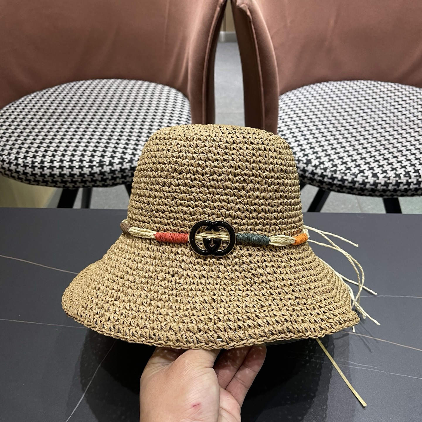 GUCCI古奇 草帽女夏天遮阳帽防晒大帽檐日系小清新简约太阳渔夫帽海边沙滩帽