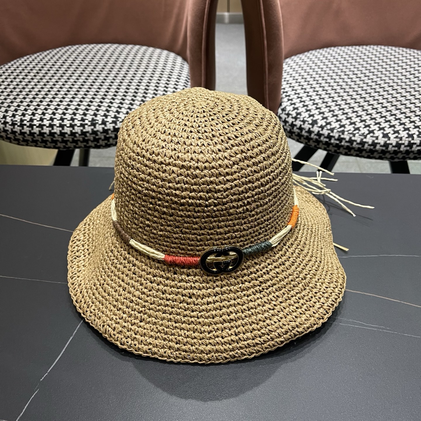 GUCCI古奇 草帽女夏天遮阳帽防晒大帽檐日系小清新简约太阳渔夫帽海边沙滩帽