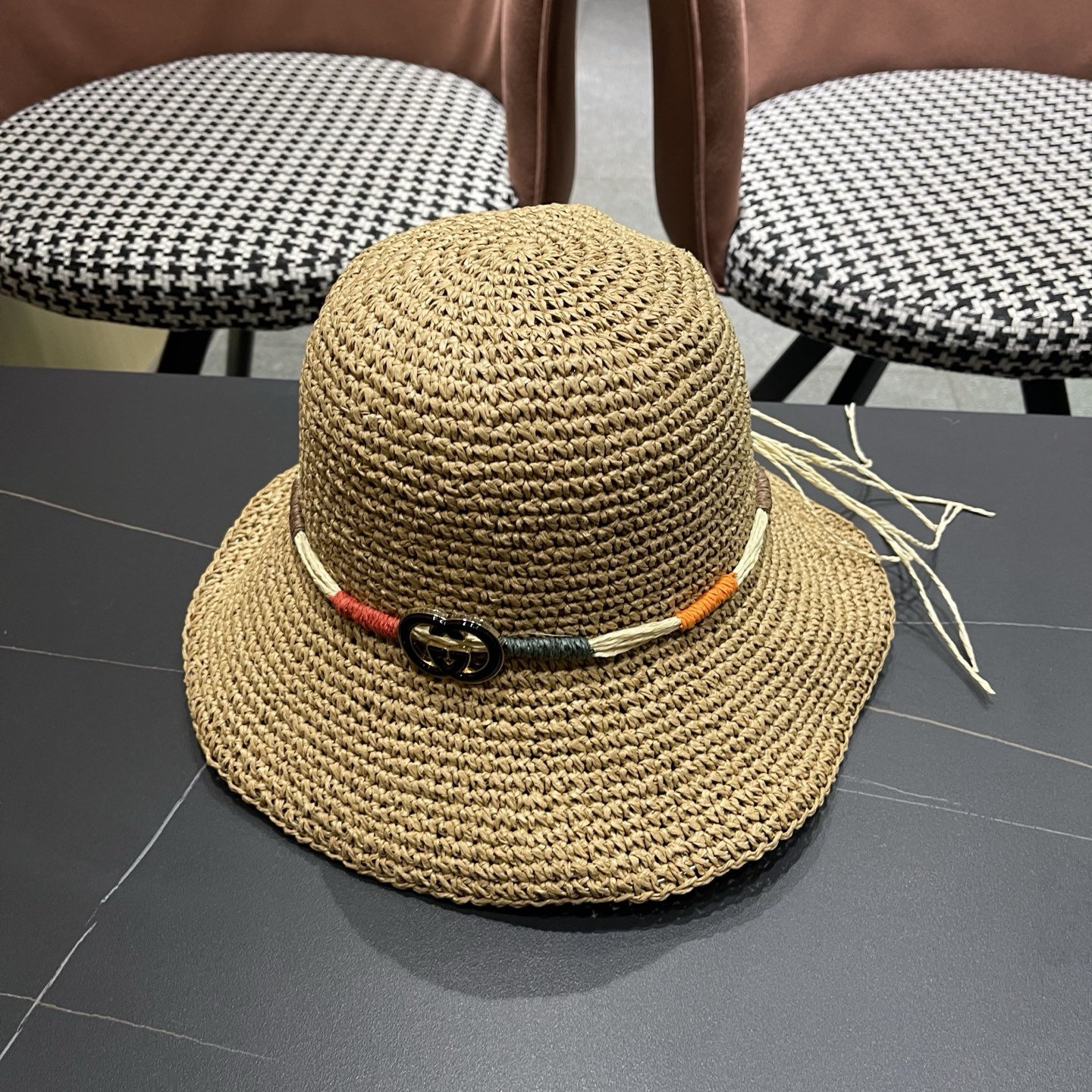 GUCCI古奇 草帽女夏天遮阳帽防晒大帽檐日系小清新简约太阳渔夫帽海边沙滩帽