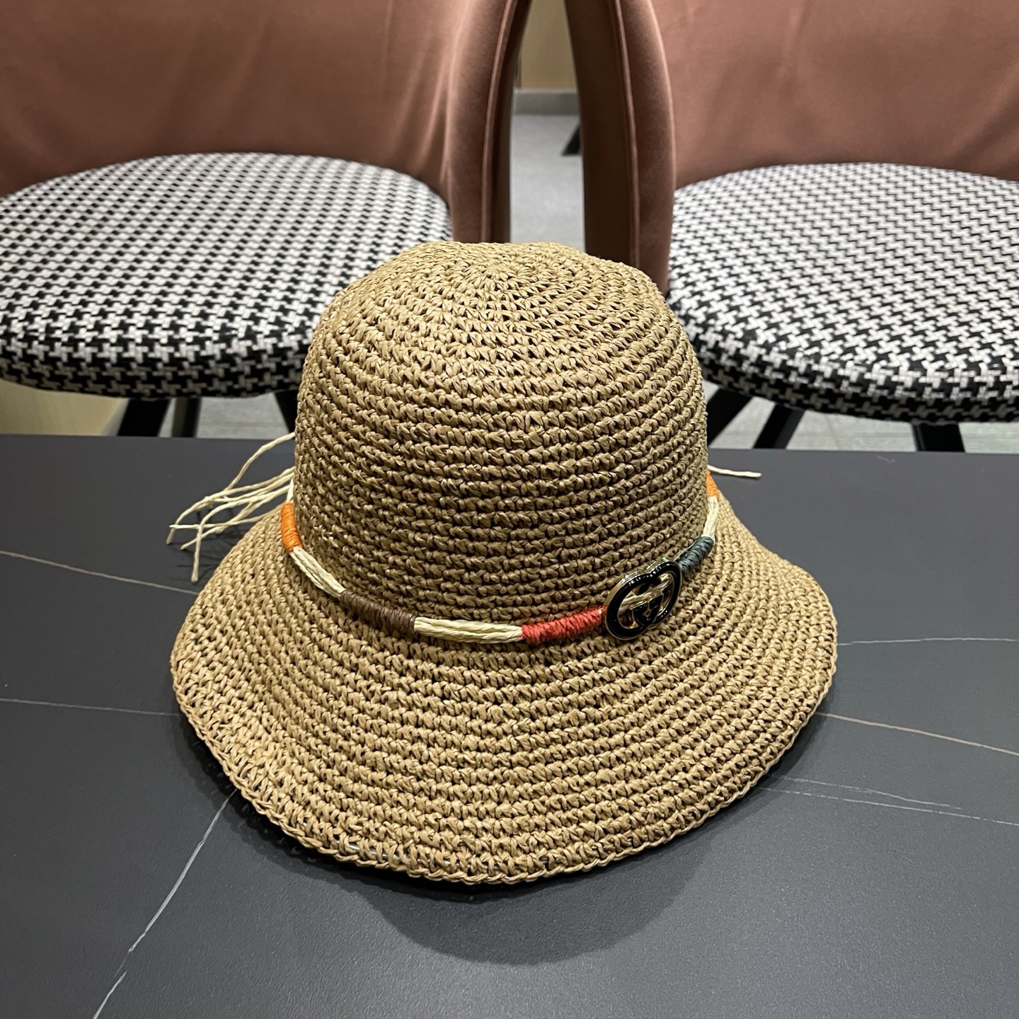GUCCI古奇 草帽女夏天遮阳帽防晒大帽檐日系小清新简约太阳渔夫帽海边沙滩帽