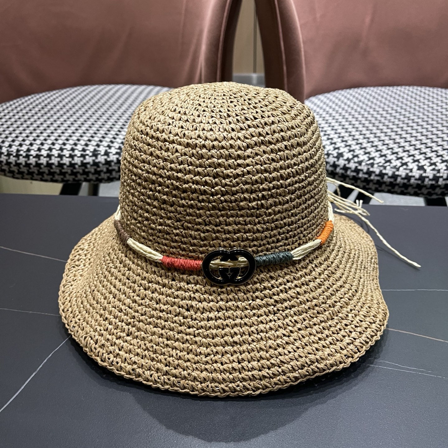 GUCCI古奇 草帽女夏天遮阳帽防晒大帽檐日系小清新简约太阳渔夫帽海边沙滩帽