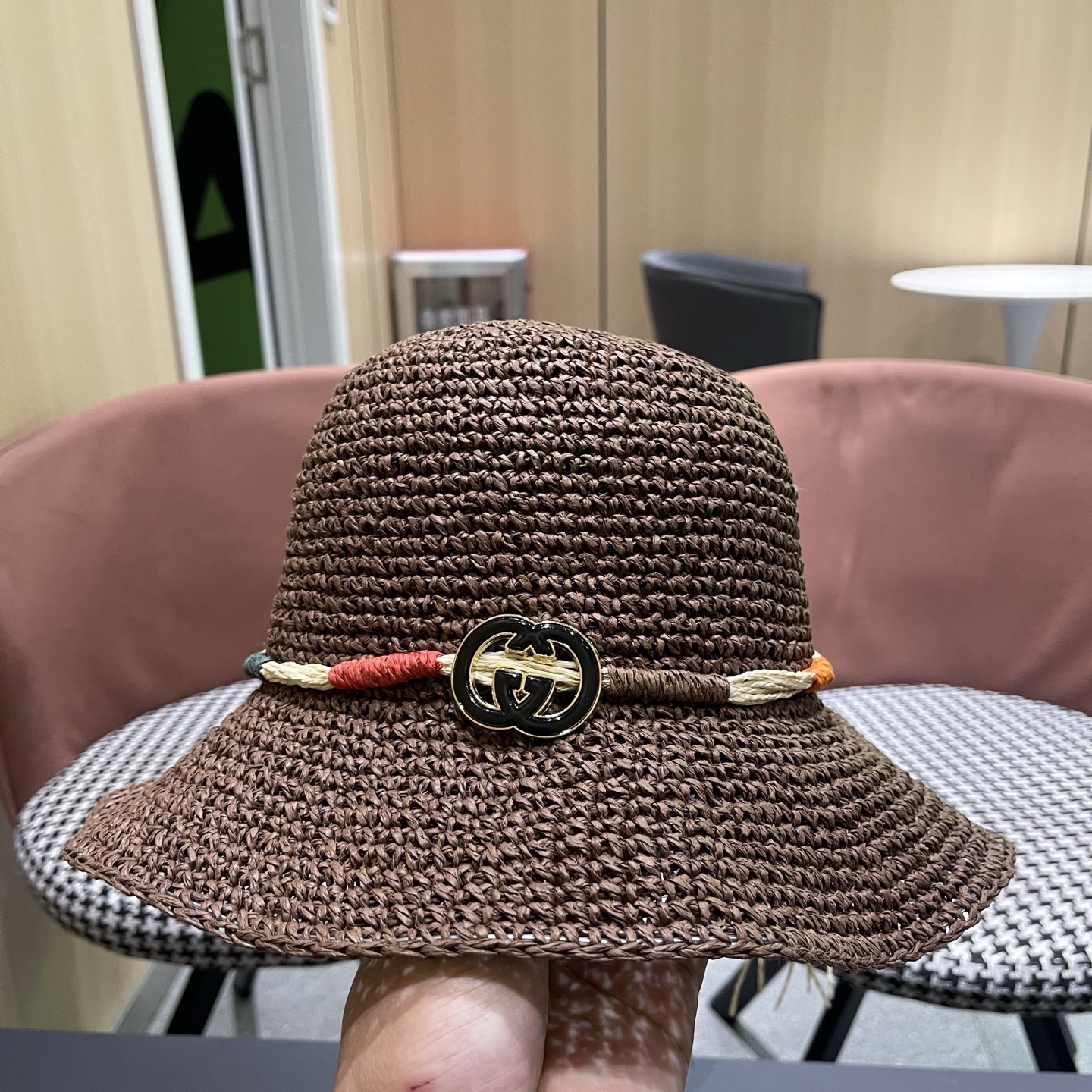 GUCCI古奇 草帽女夏天遮阳帽防晒大帽檐日系小清新简约太阳渔夫帽海边沙滩帽