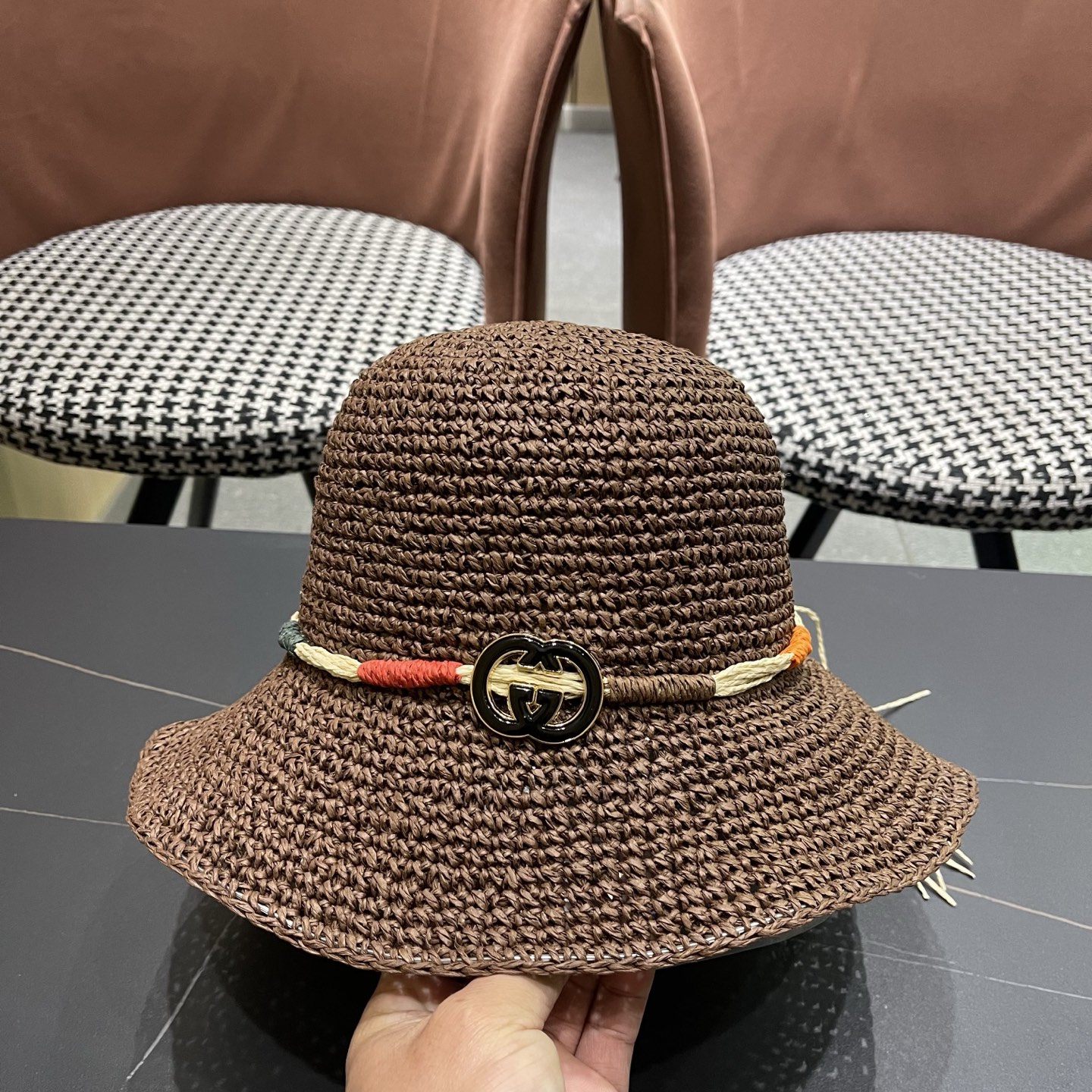 GUCCI古奇 草帽女夏天遮阳帽防晒大帽檐日系小清新简约太阳渔夫帽海边沙滩帽