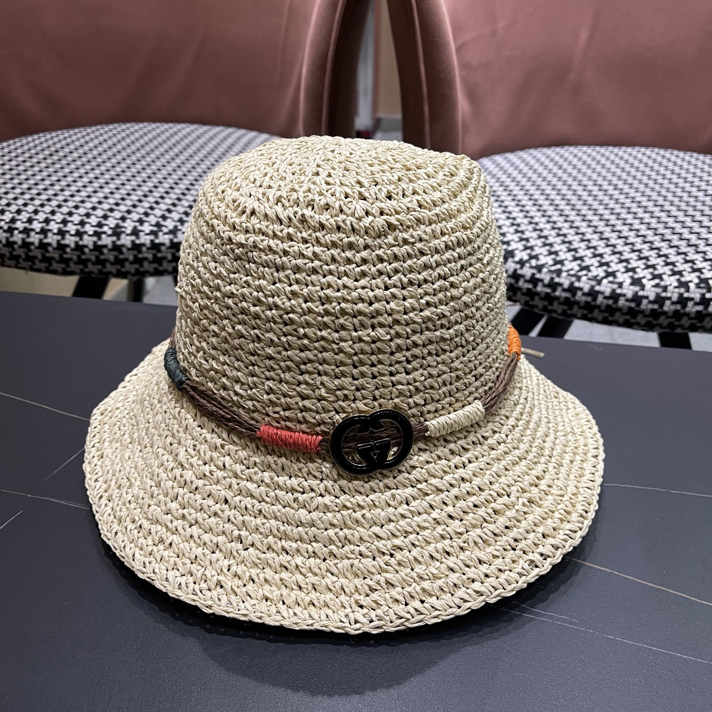 GUCCI古奇 草帽女夏天遮阳帽防晒大帽檐日系小清新简约太阳渔夫帽海边沙滩帽