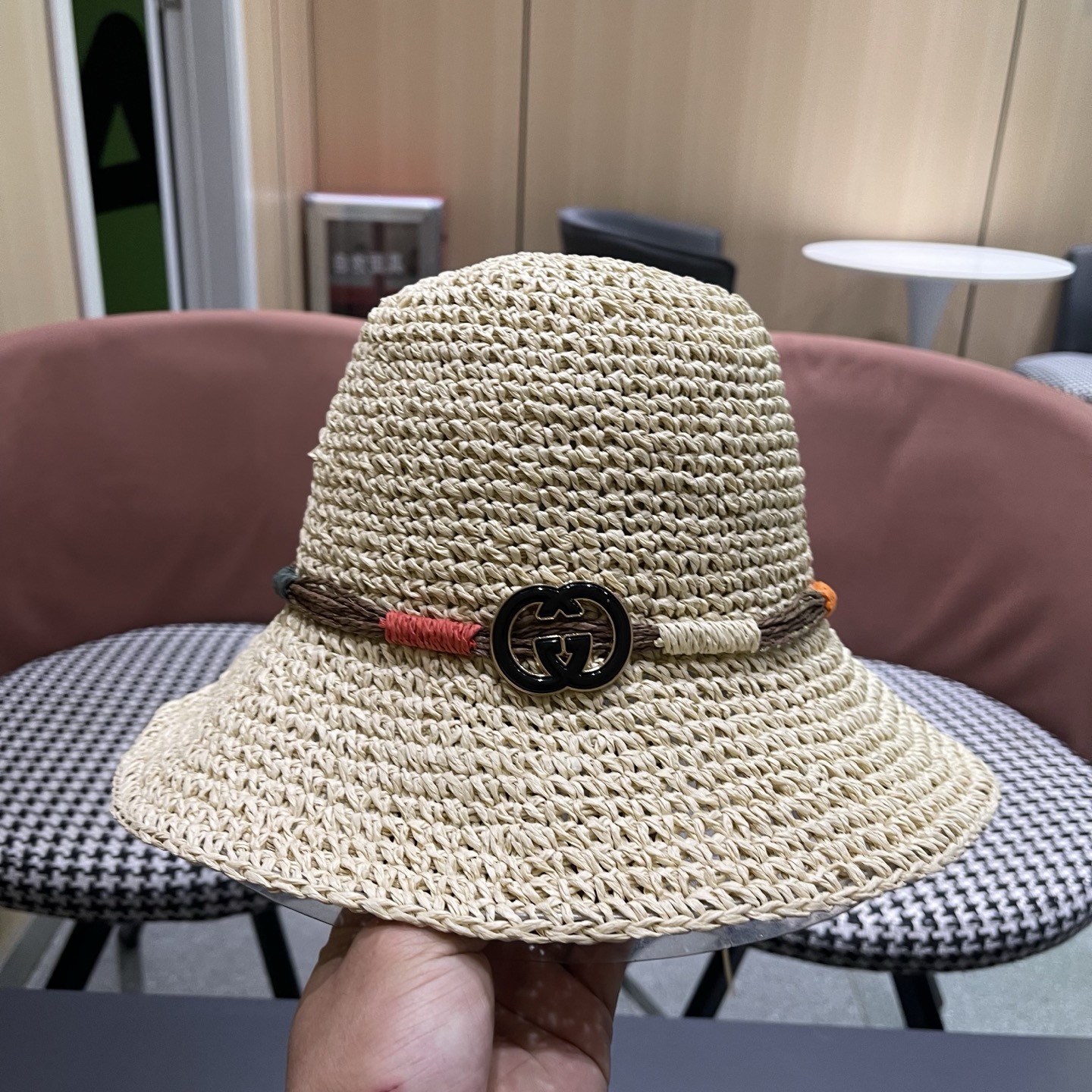 GUCCI古奇 草帽女夏天遮阳帽防晒大帽檐日系小清新简约太阳渔夫帽海边沙滩帽