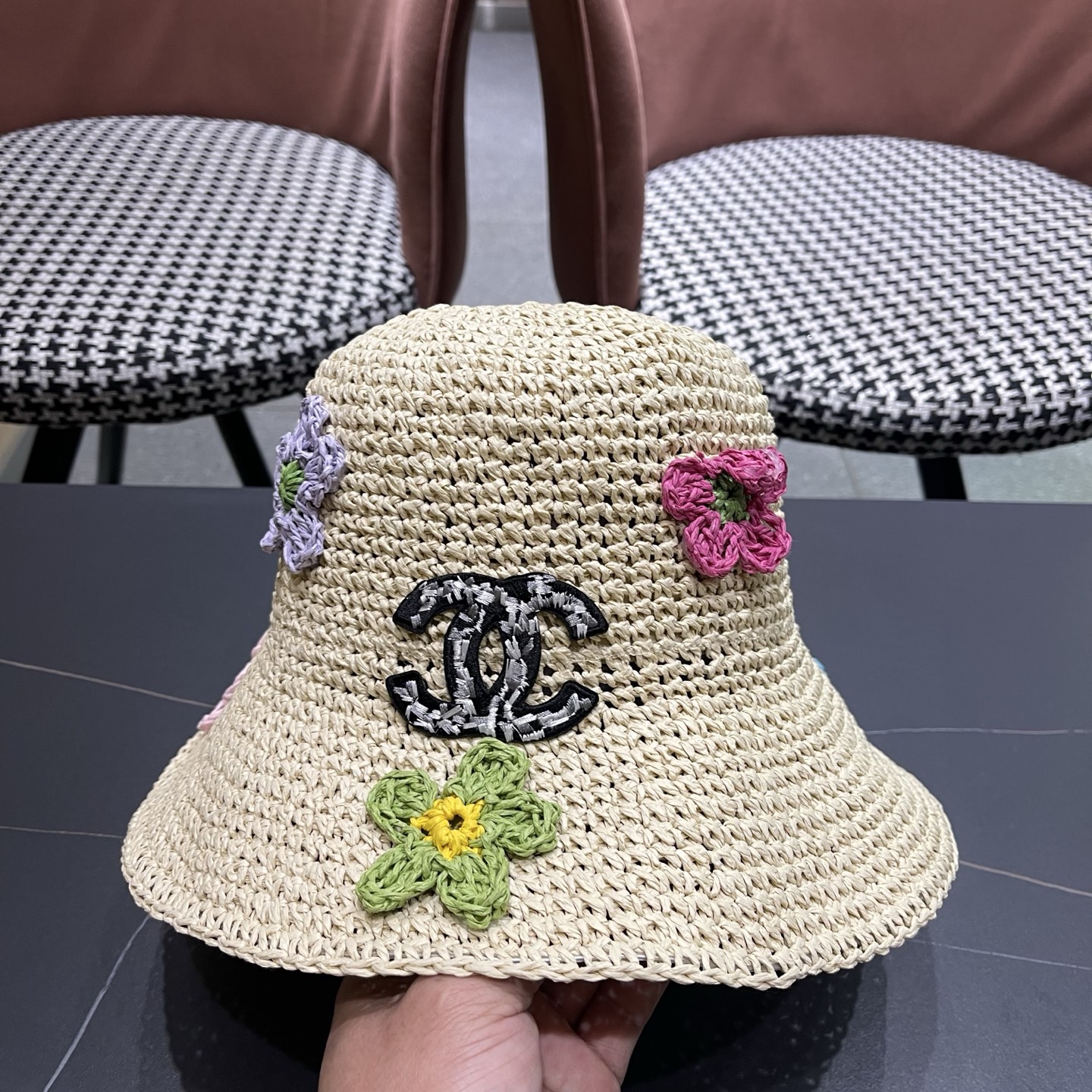 CHANEL 香奈儿 大头围法式草帽女夏季新款编织镂空渔夫帽海边遮阳帽沙滩防晒帽子