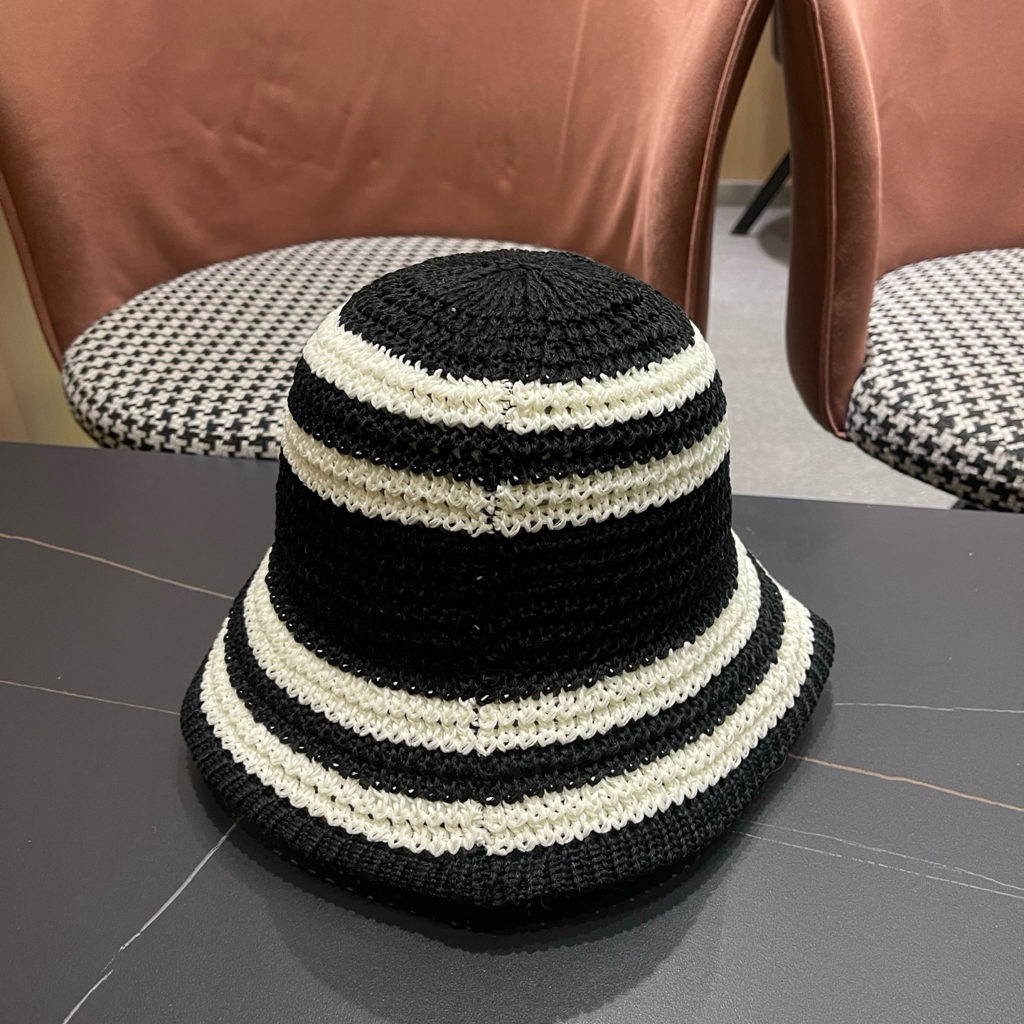 MONCLER（蒙口）日系草编条纹渔夫帽女新款夏季镂空透气显脸小盆帽遮阳防晒帽