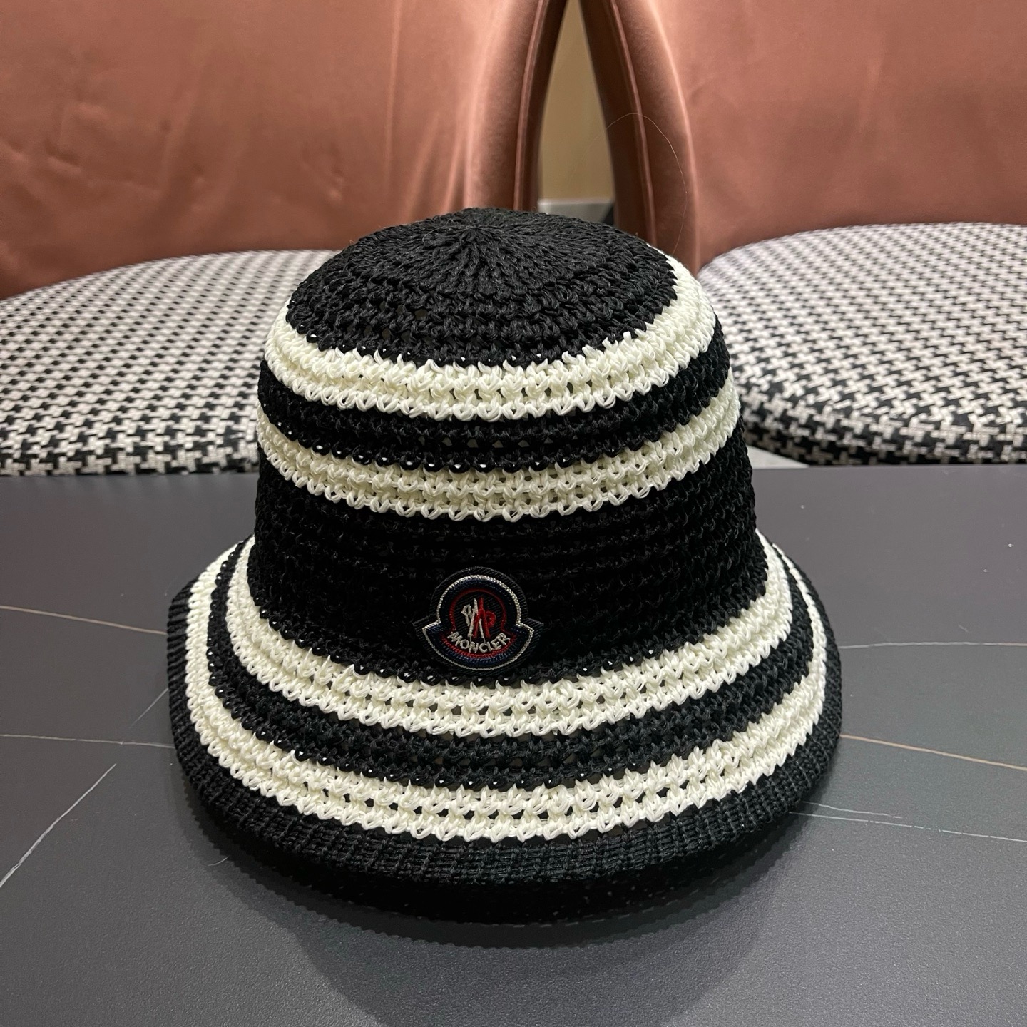 MONCLER（蒙口）日系草编条纹渔夫帽女新款夏季镂空透气显脸小盆帽遮阳防晒帽