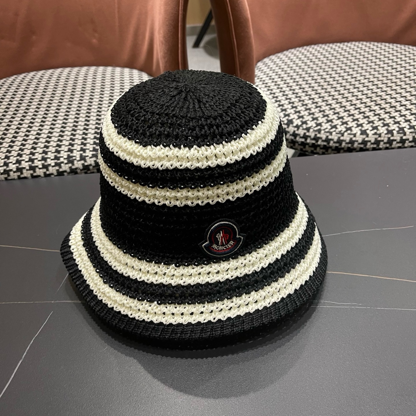 MONCLER（蒙口）日系草编条纹渔夫帽女新款夏季镂空透气显脸小盆帽遮阳防晒帽