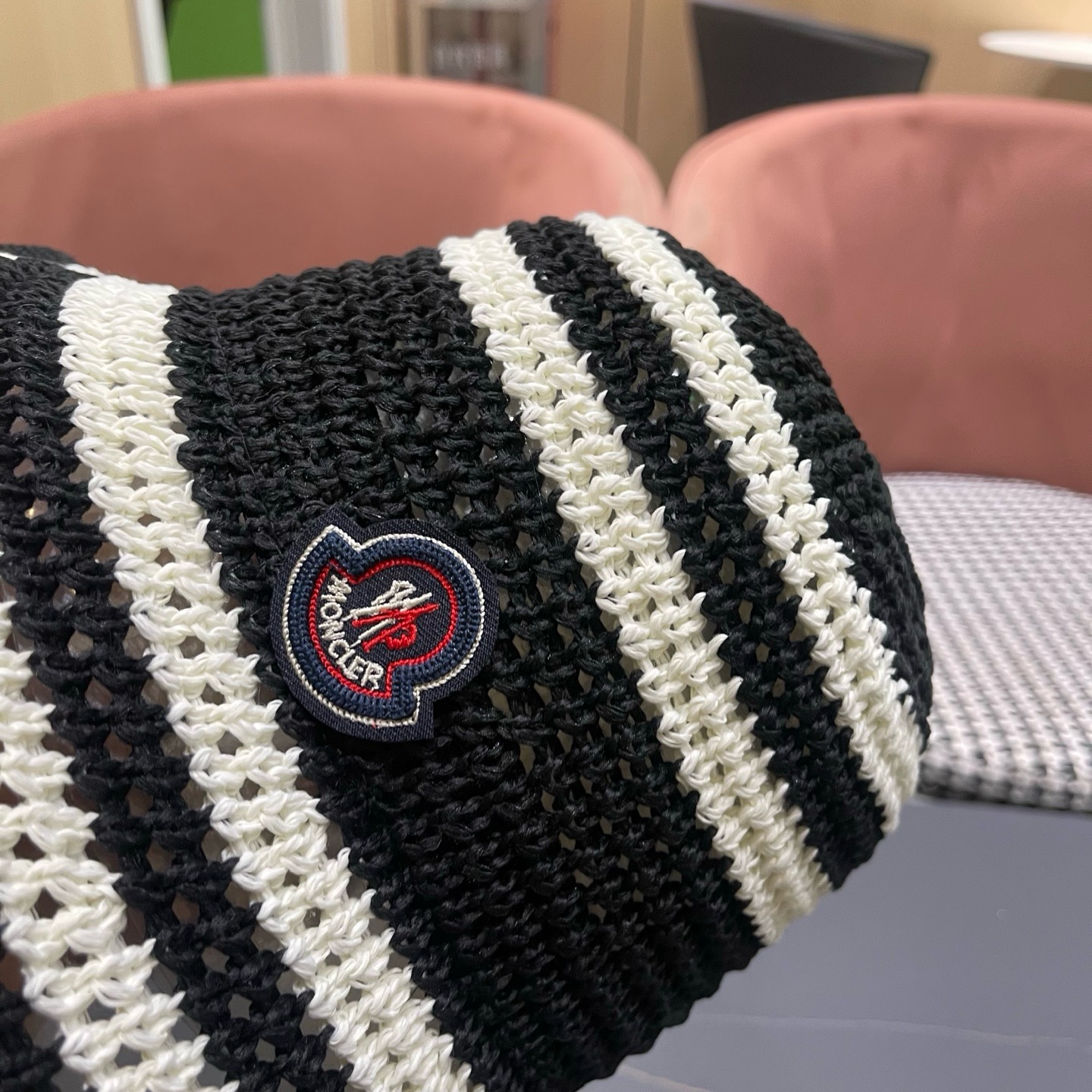 MONCLER（蒙口）日系草编条纹渔夫帽女新款夏季镂空透气显脸小盆帽遮阳防晒帽