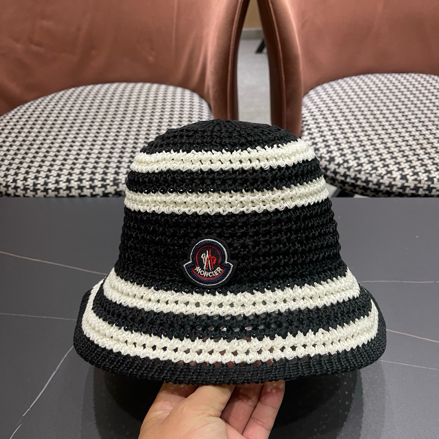MONCLER（蒙口）日系草编条纹渔夫帽女新款夏季镂空透气显脸小盆帽遮阳防晒帽