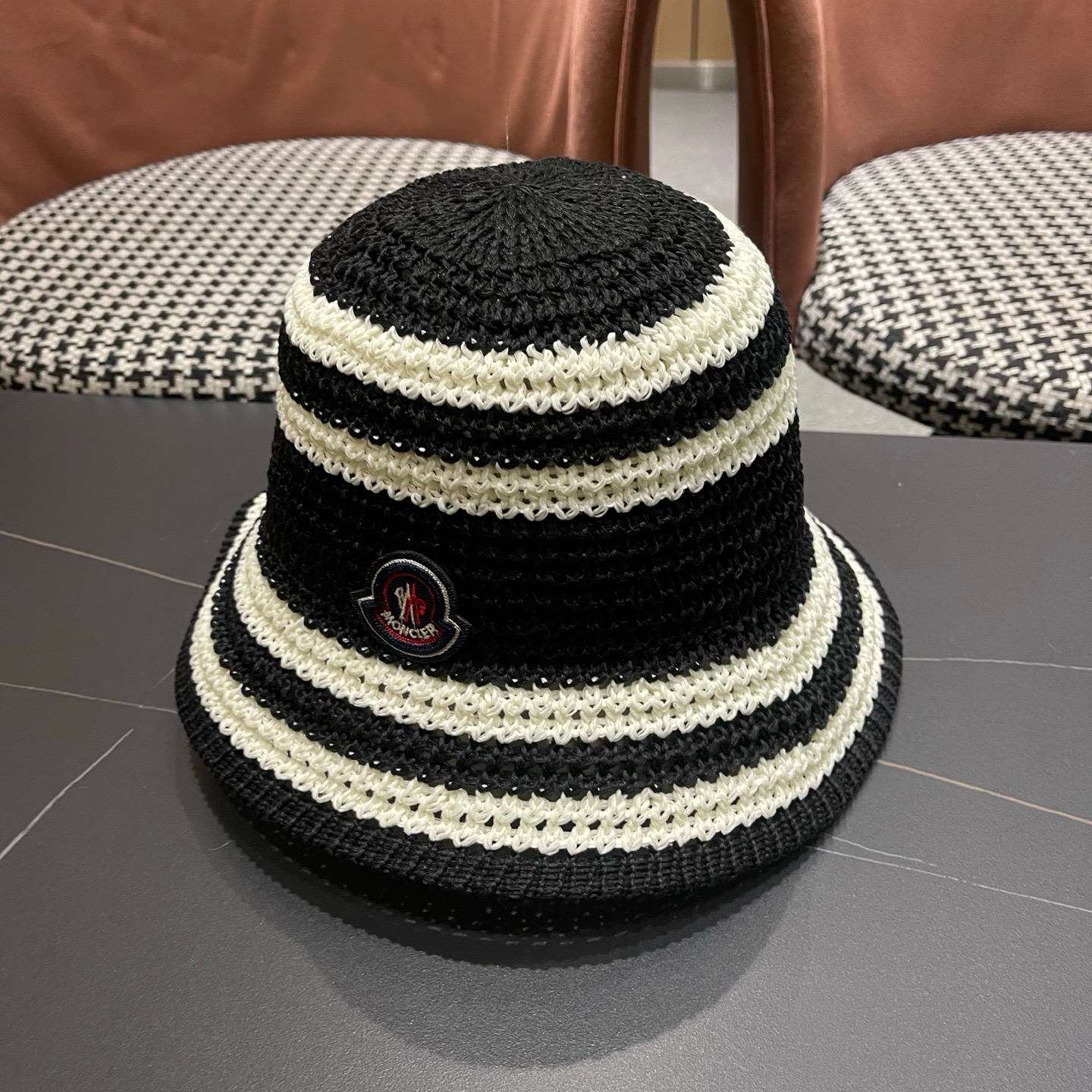 MONCLER（蒙口）日系草编条纹渔夫帽女新款夏季镂空透气显脸小盆帽遮阳防晒帽