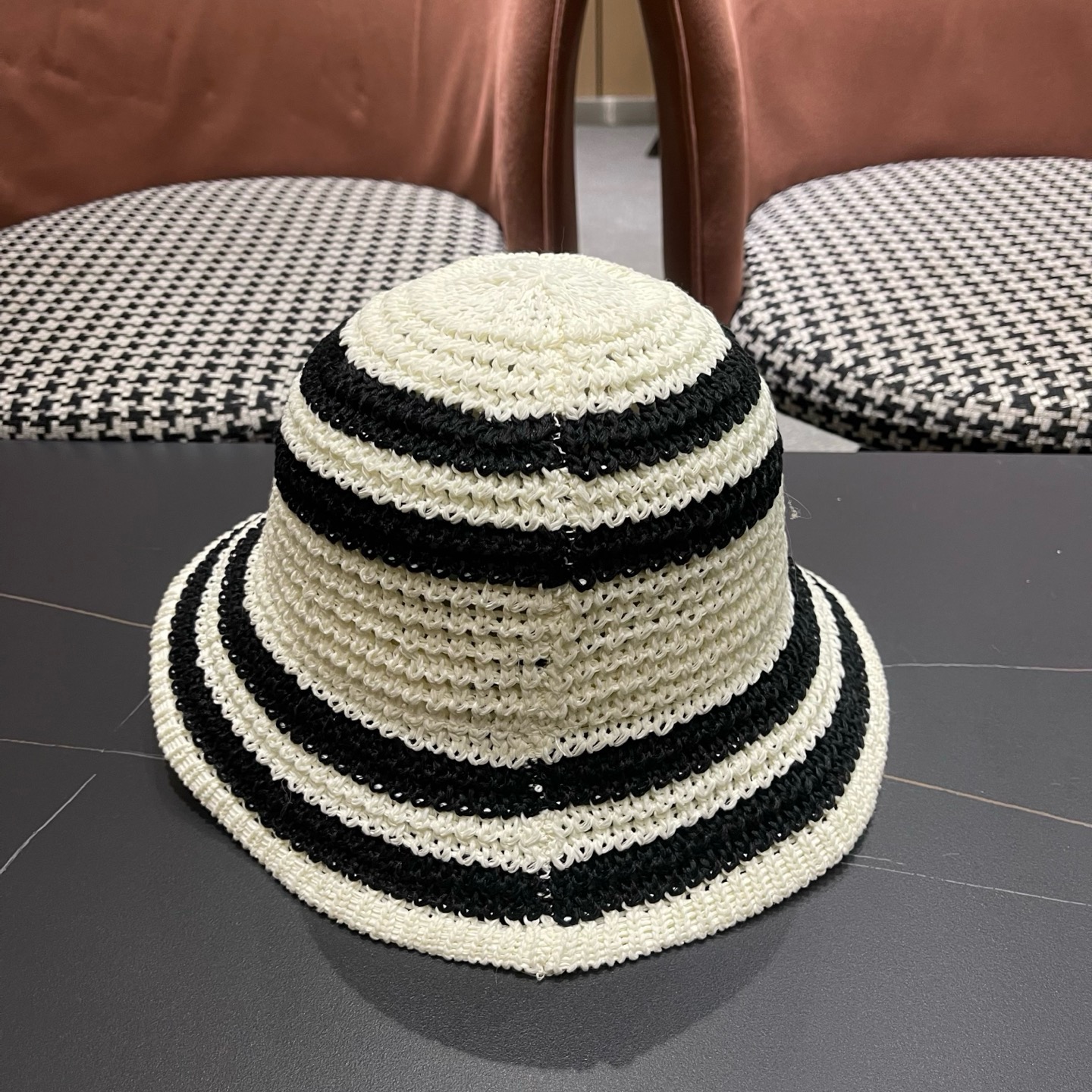 MONCLER（蒙口）日系草编条纹渔夫帽女新款夏季镂空透气显脸小盆帽遮阳防晒帽