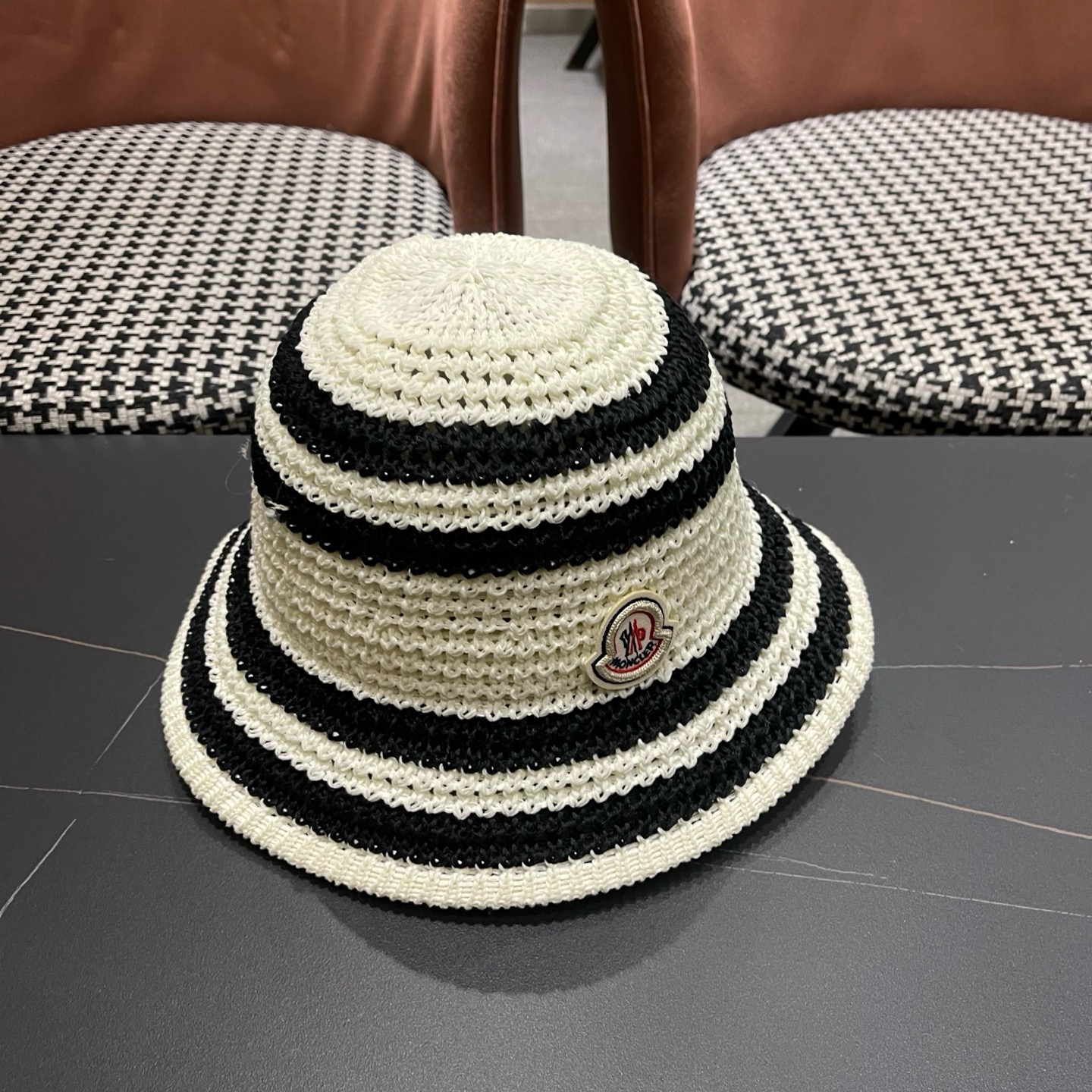 MONCLER（蒙口）日系草编条纹渔夫帽女新款夏季镂空透气显脸小盆帽遮阳防晒帽