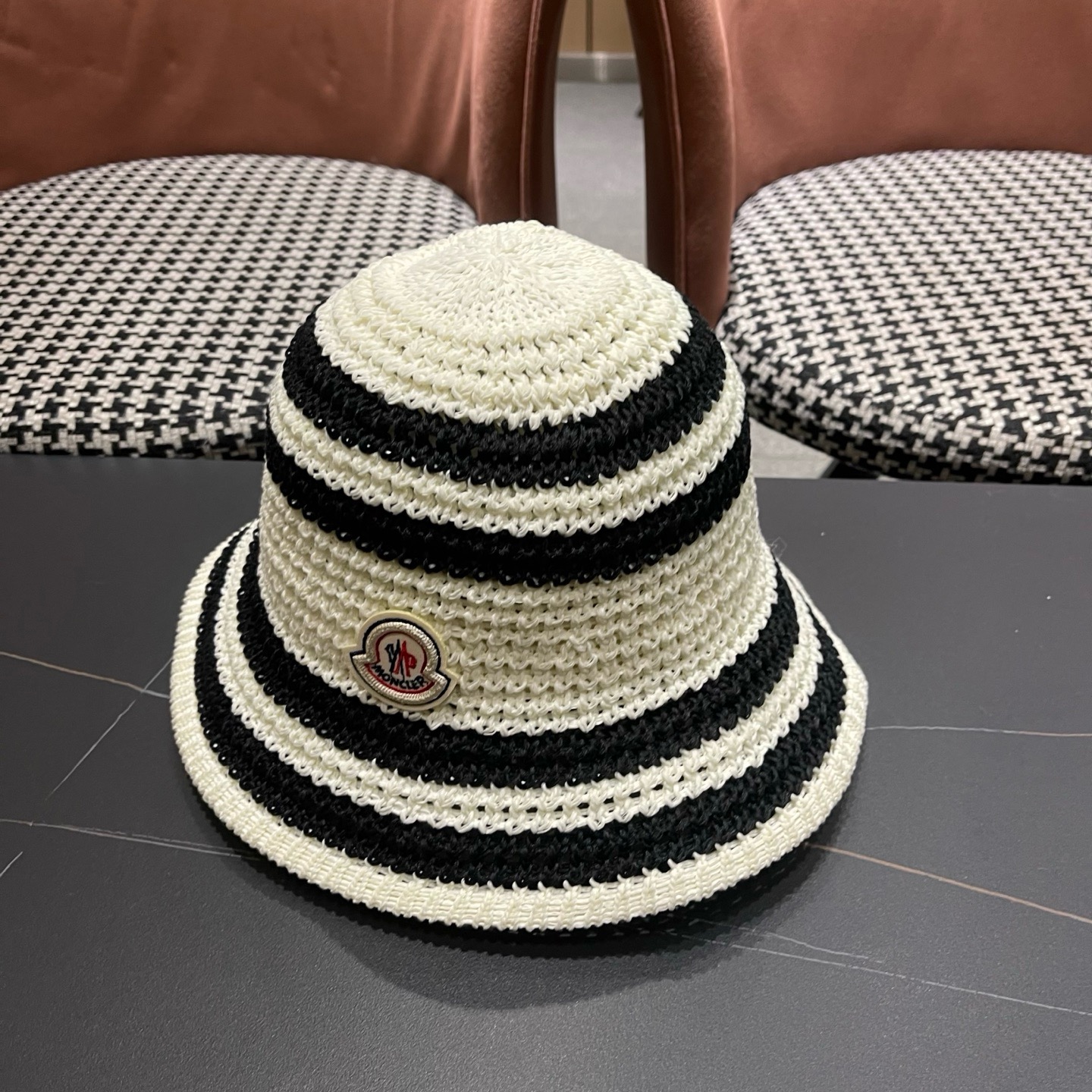 MONCLER（蒙口）日系草编条纹渔夫帽女新款夏季镂空透气显脸小盆帽遮阳防晒帽