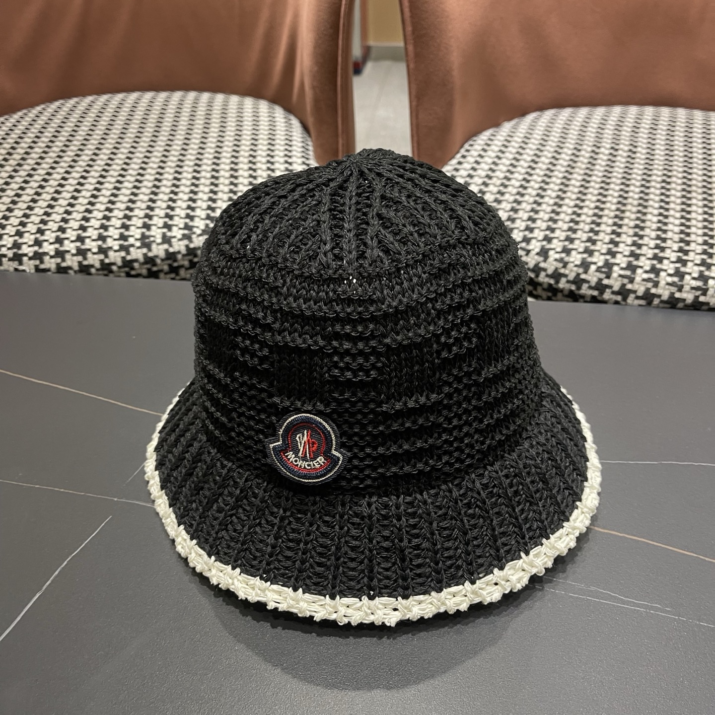 MONCLER（蒙口）韩版镂空钩针渔夫帽女2026新款春夏显脸小针织草帽韩版百搭遮阳帽