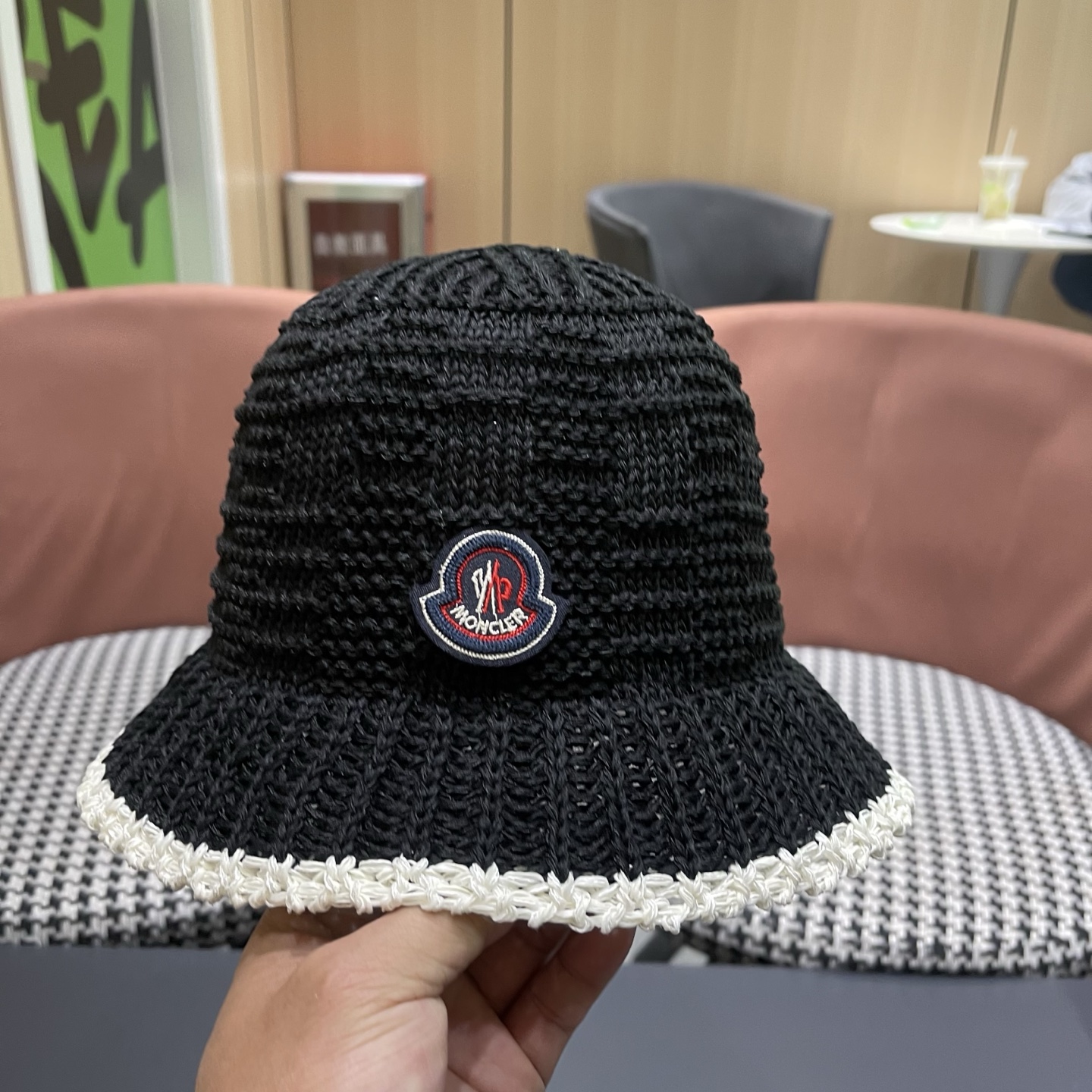 MONCLER（蒙口）韩版镂空钩针渔夫帽女2026新款春夏显脸小针织草帽韩版百搭遮阳帽