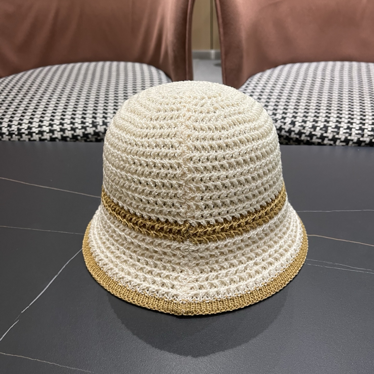 普拉达PRADA 拼色编织渔夫帽女春秋季透气遮脸水桶帽子显脸小百搭日系针织盆帽