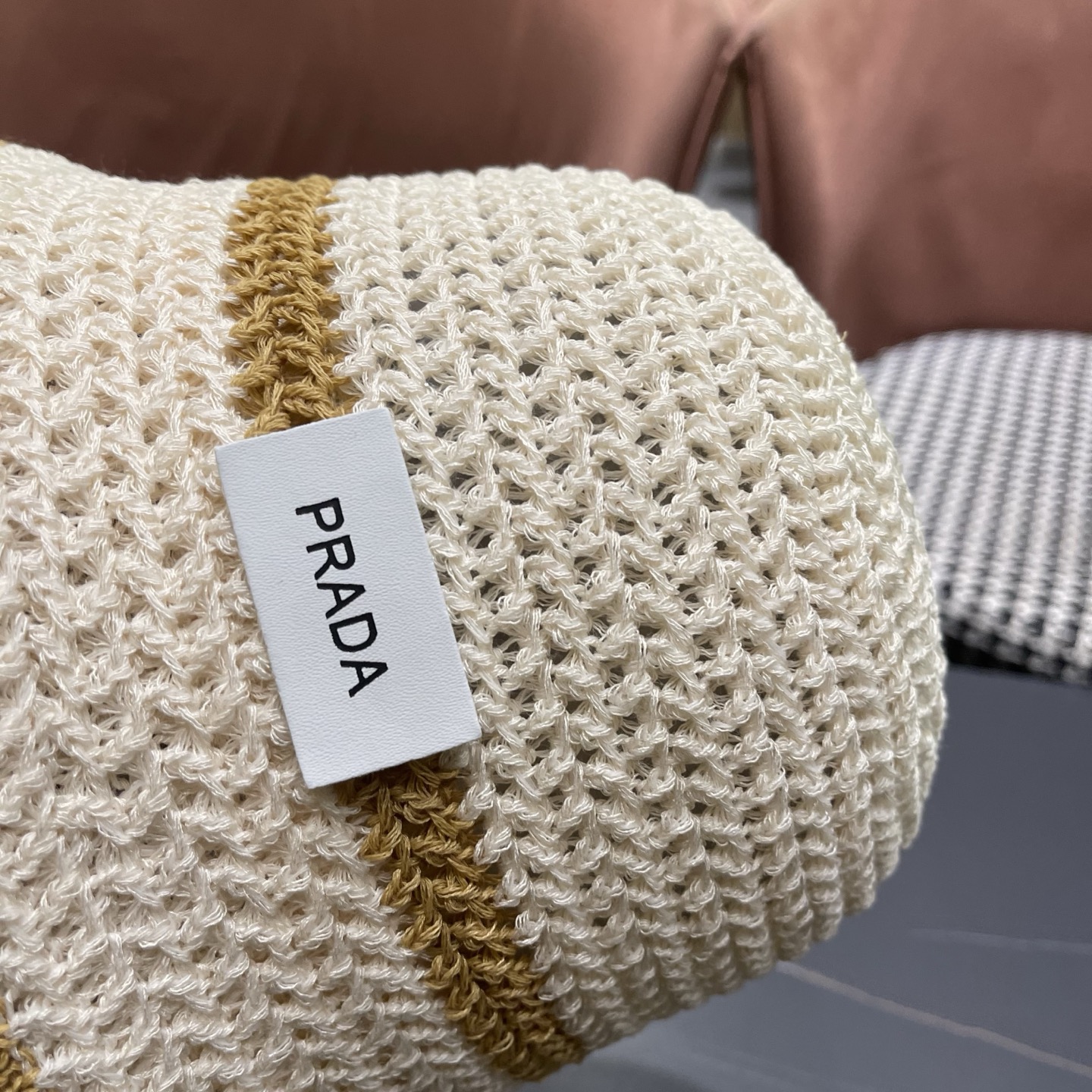 普拉达PRADA 拼色编织渔夫帽女春秋季透气遮脸水桶帽子显脸小百搭日系针织盆帽