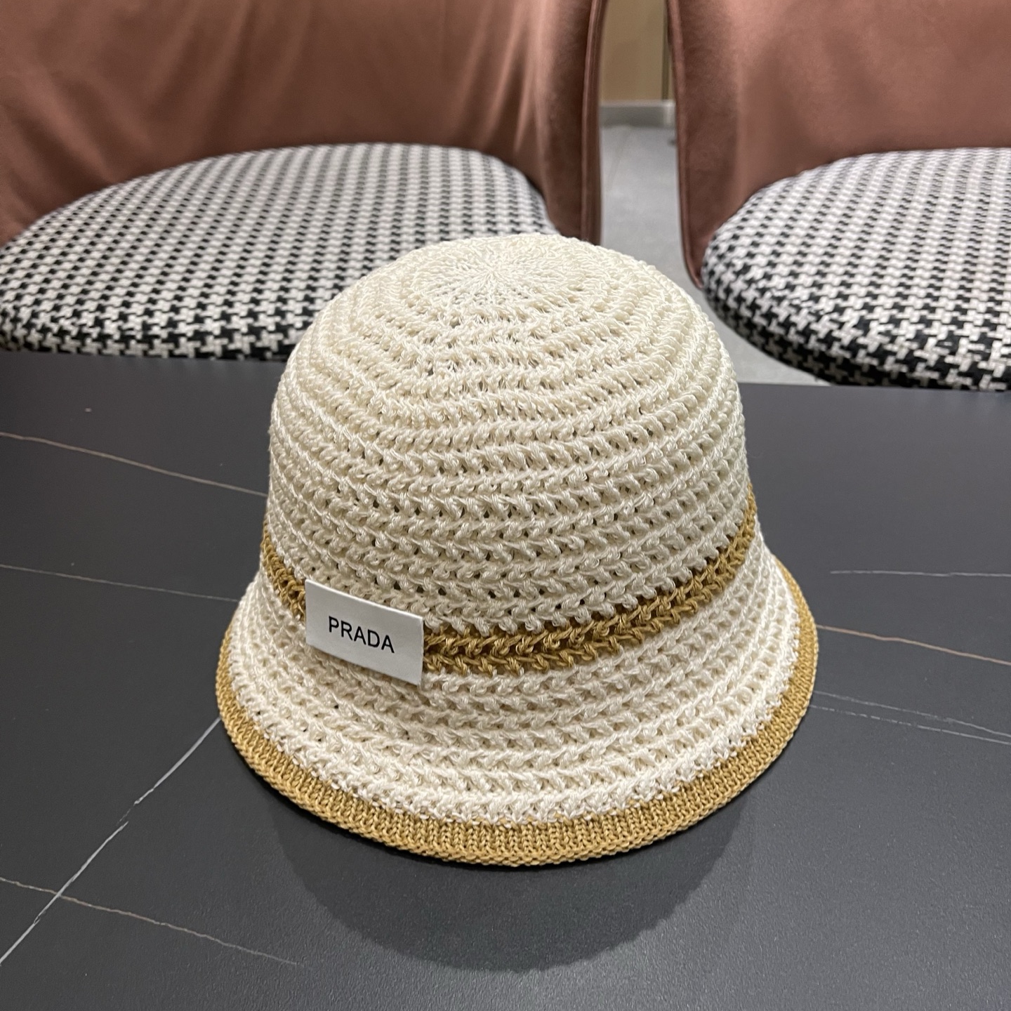 普拉达PRADA 拼色编织渔夫帽女春秋季透气遮脸水桶帽子显脸小百搭日系针织盆帽