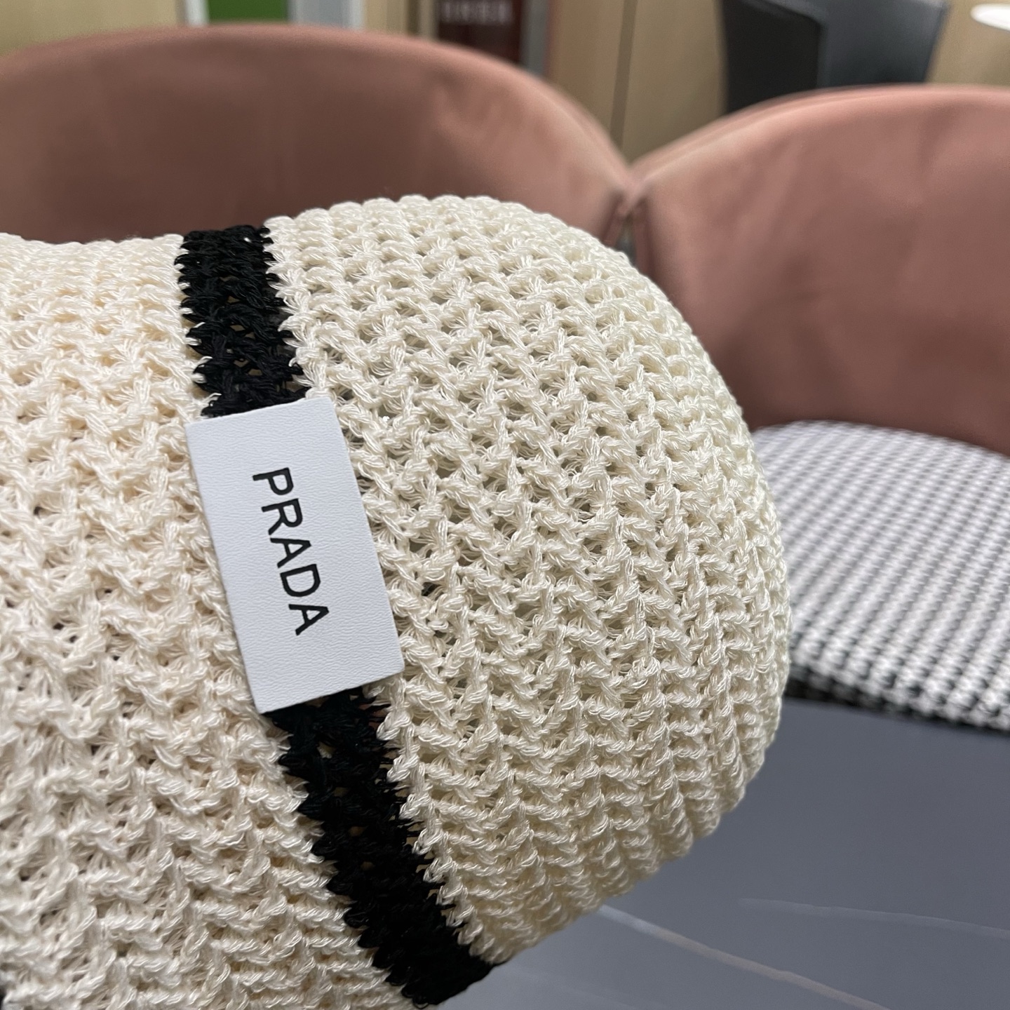 普拉达PRADA 拼色编织渔夫帽女春秋季透气遮脸水桶帽子显脸小百搭日系针织盆帽