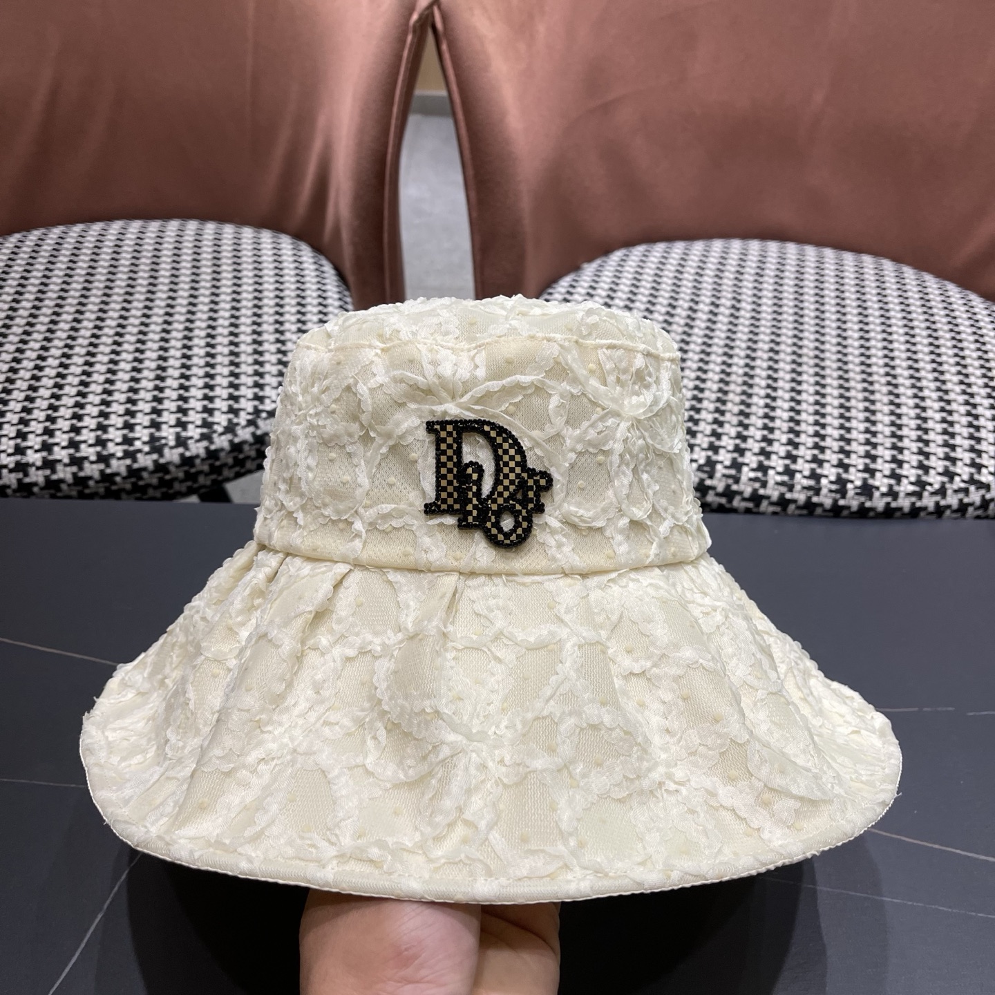 迪奥Dior 日系蕾丝渔夫帽子女夏季薄款遮阳防晒帽时尚百搭太阳帽