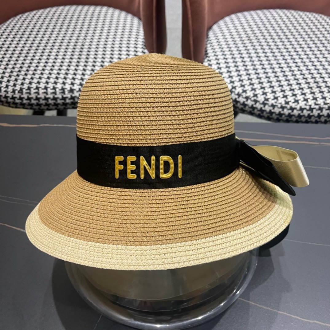FDNDI 芬迪新款草帽蝴蝶结拉菲草制作，拼老花FF面料，名媛必备，头围57cm