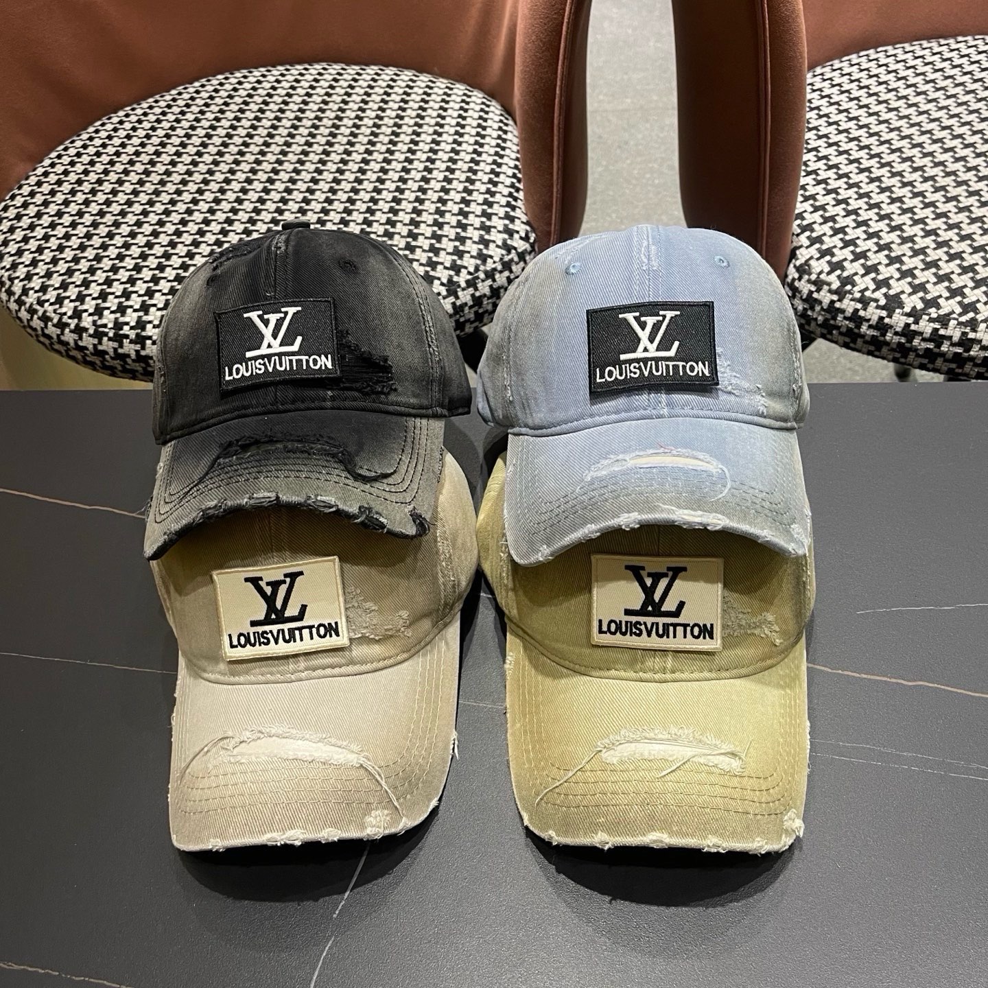 LV路易威登 复古做旧水洗棒球帽子女宽檐加深显脸小遮阳破洞鸭舌帽男