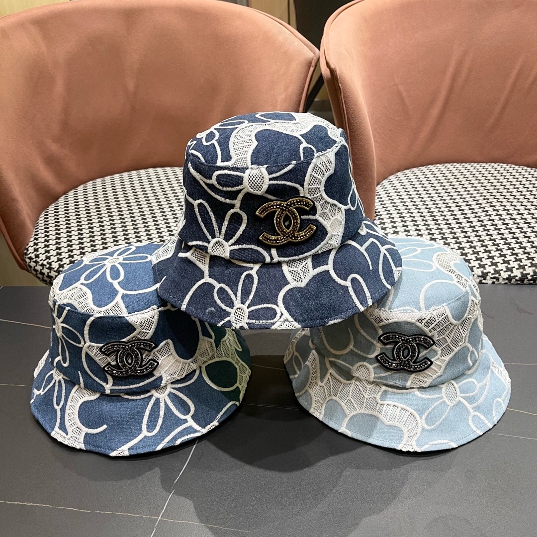 CHANEL香奈儿春夏新款时尚百搭渔夫帽子女刺绣花朵透气显脸小遮阳防晒渔夫帽潮