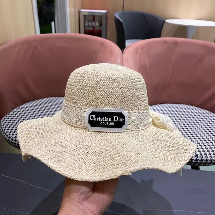 迪奥Dior边出游度假夏天遮阳防晒大檐草帽蝴蝶结太阳帽手编帽子